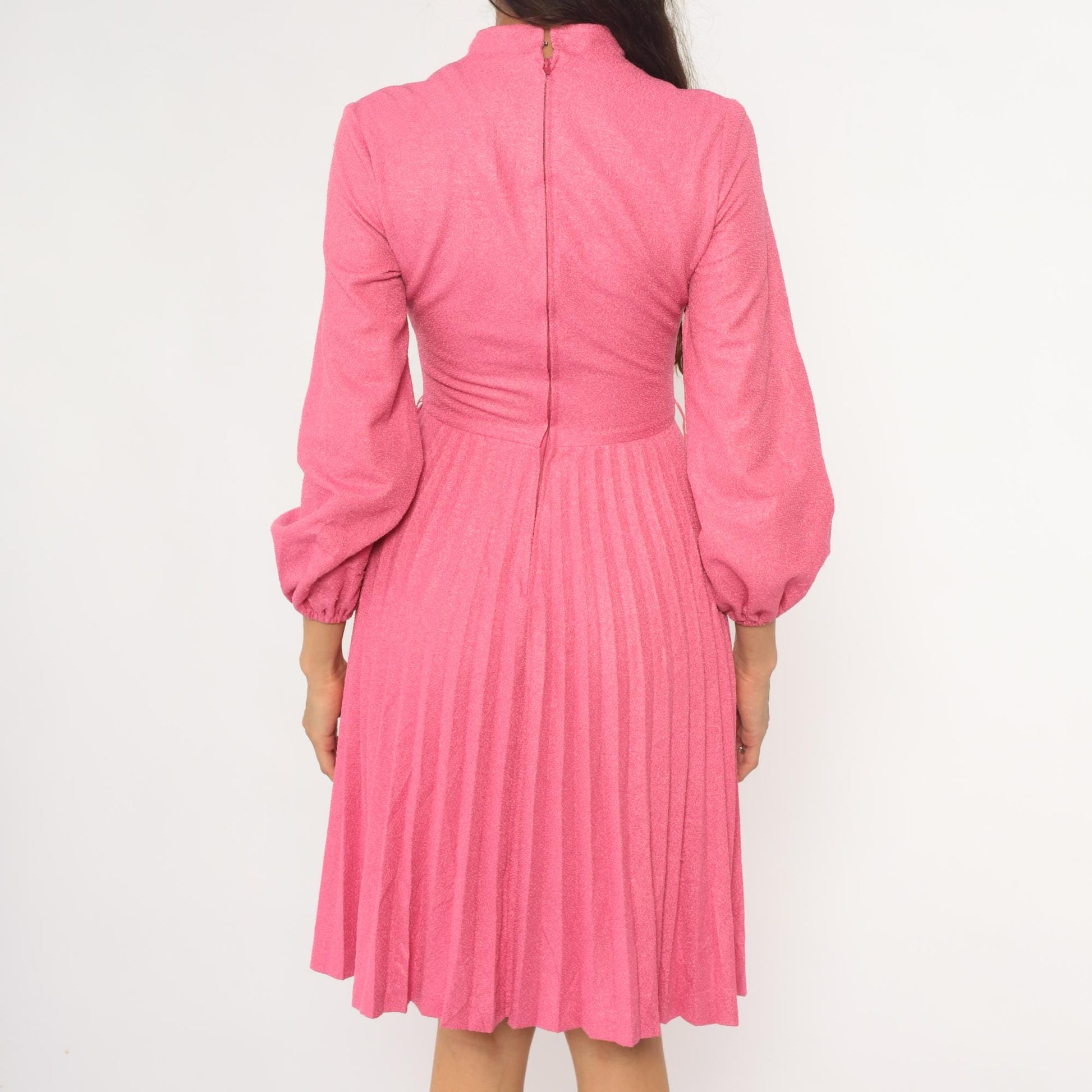 70s Hot Pink Midi Dress Mock Neck Pleated Skirt Bishop Sleeve Extra Small XS
