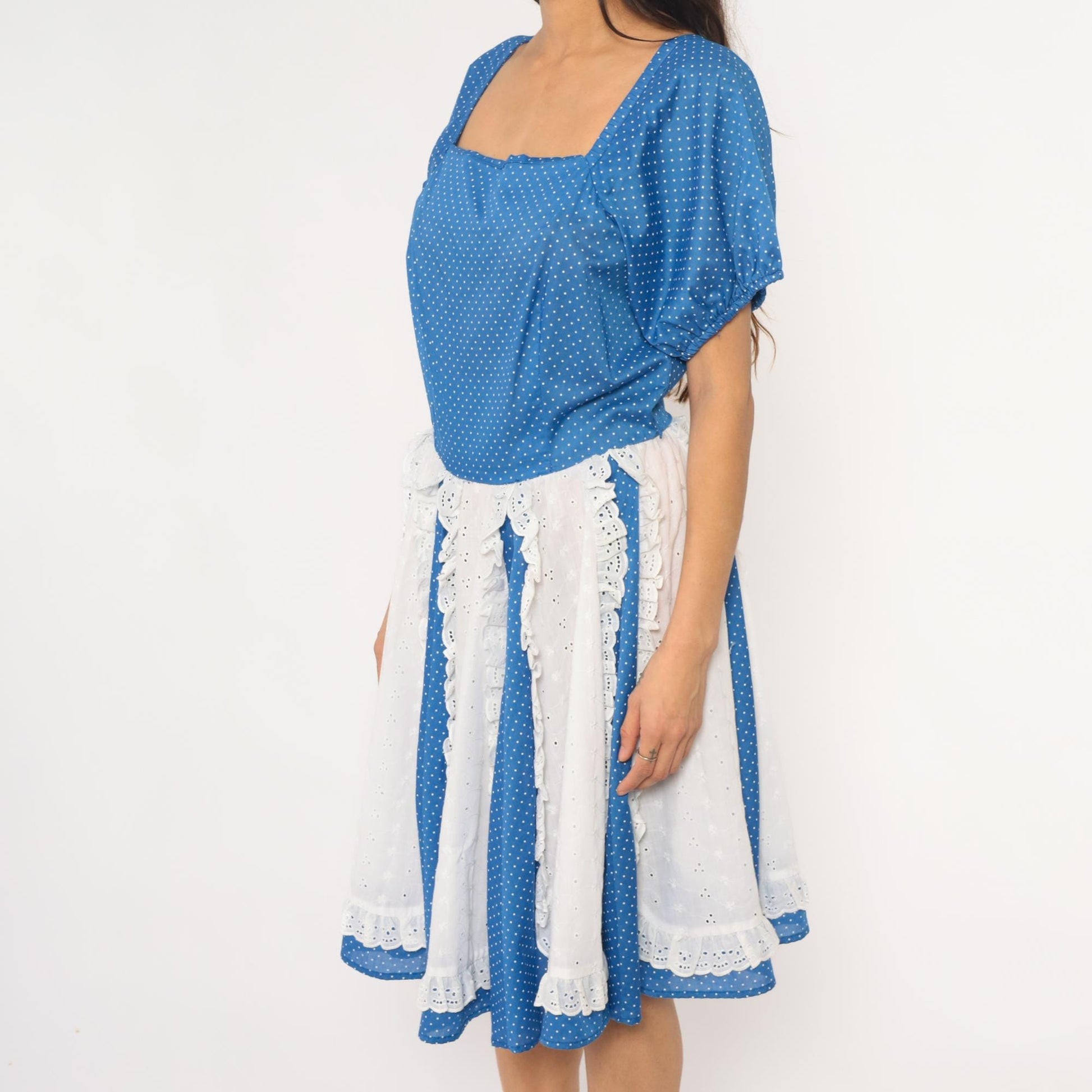 80s Blue Polka Dot Square Dance Dress Puff Sleeve Eyelet Lace Mini Large