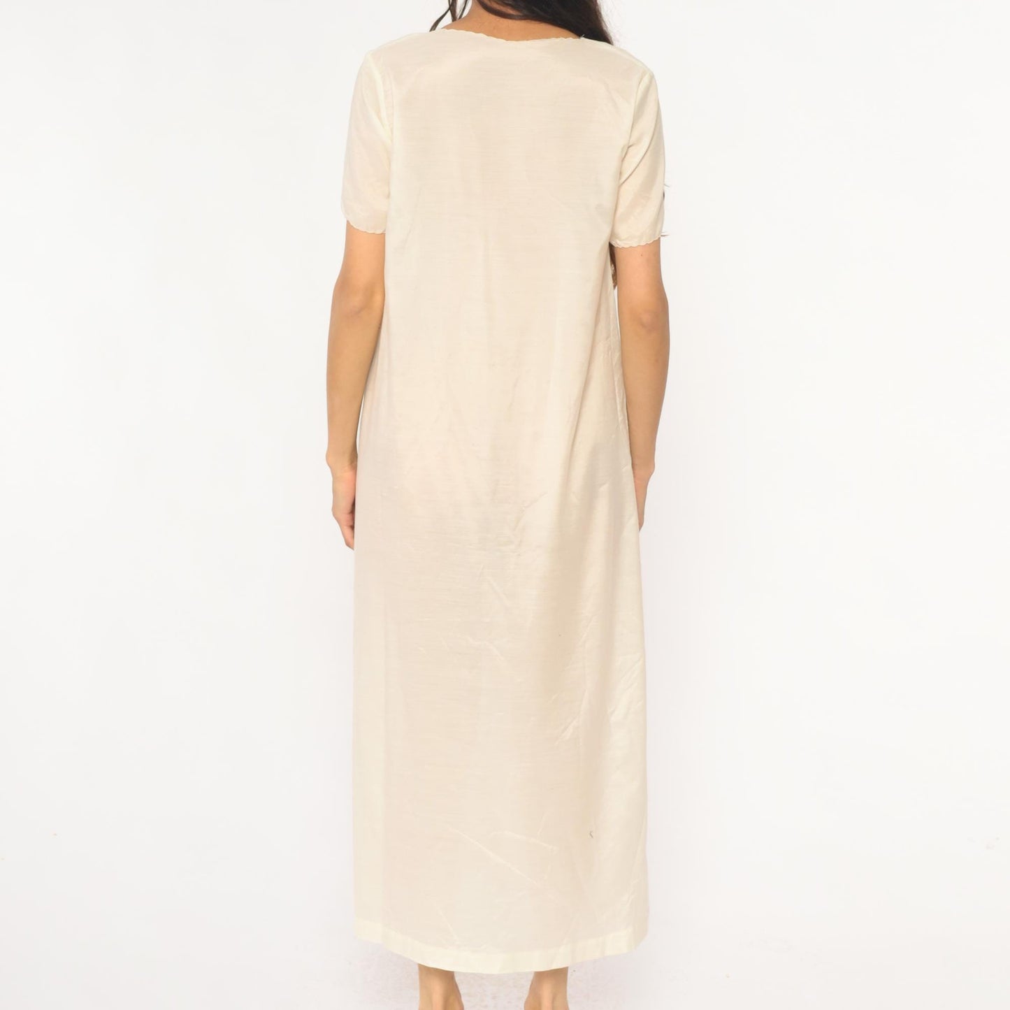 70s Cream Embroidered Floral Maxi Dress V-Neck Short Sleeve Small S