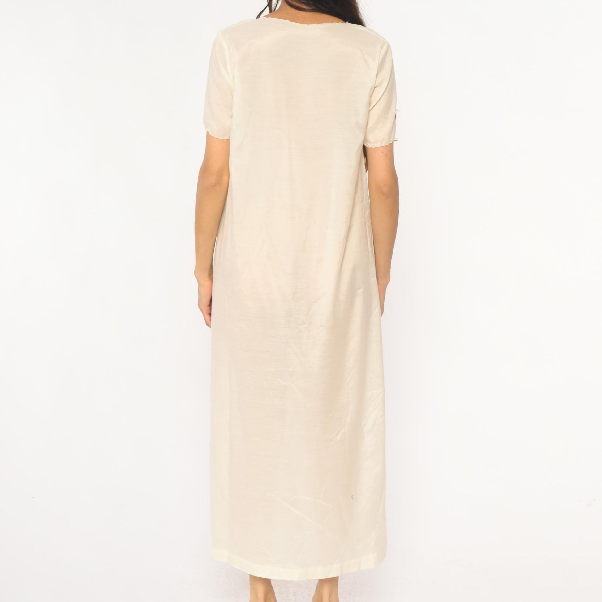 70s Cream Embroidered Floral Maxi Dress V-Neck Short Sleeve Small S