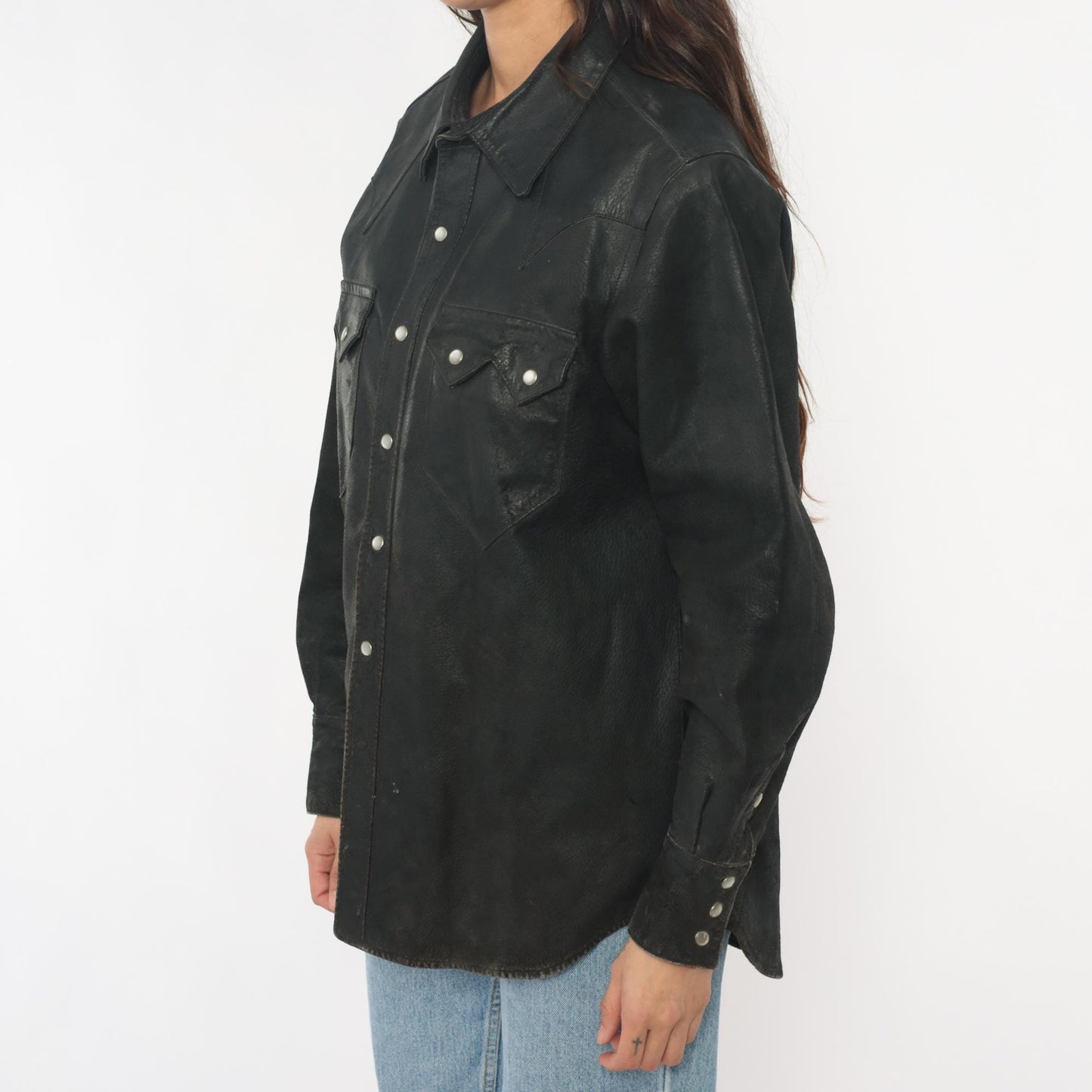 90s Neyries Black Leather Western Shirt Pearl Snap Pointed Yoke Large L