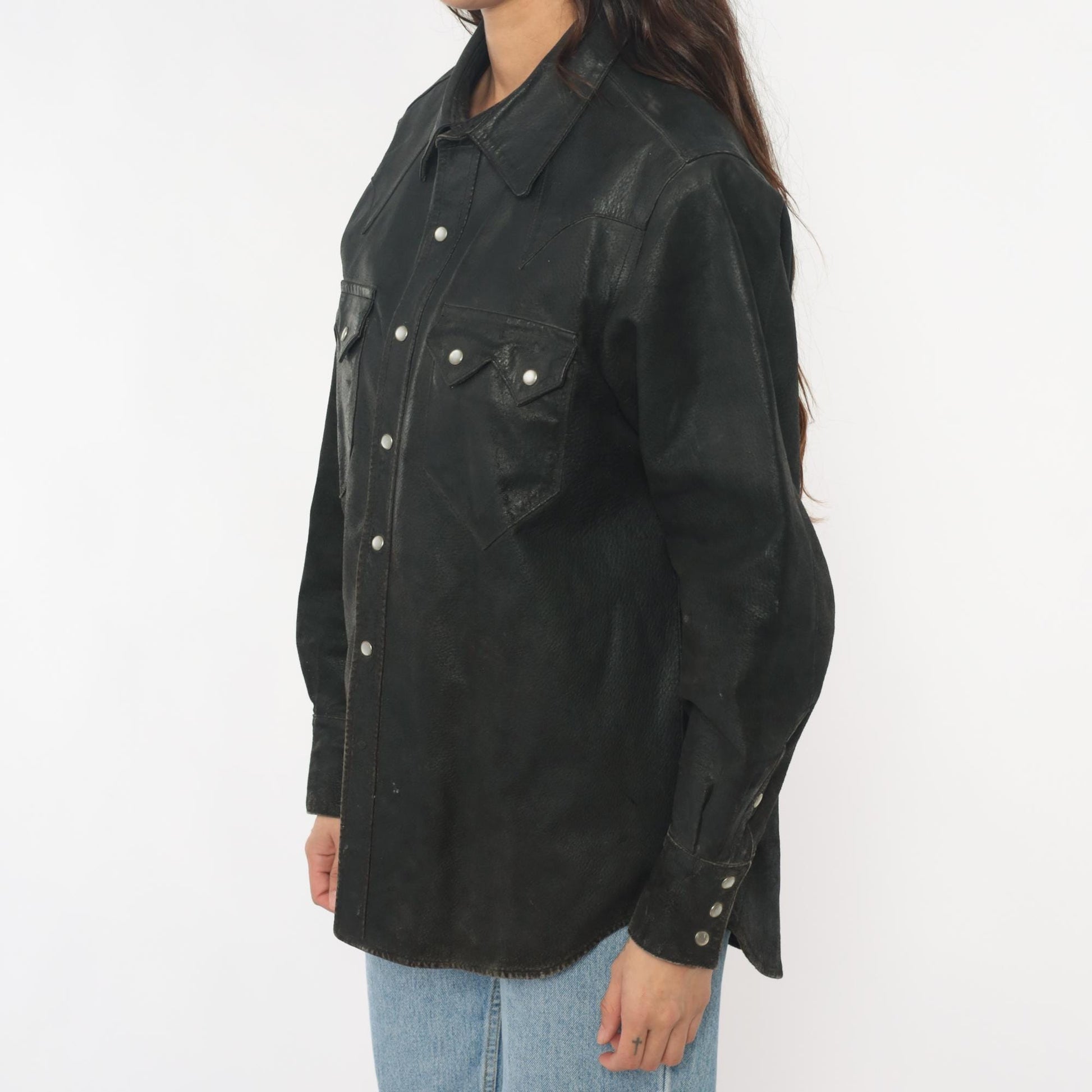 90s Neyries Black Leather Western Shirt Pearl Snap Pointed Yoke Large L