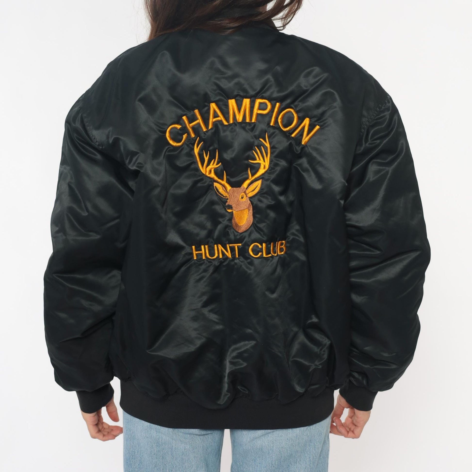 90s Black Satin Bomber Jacket Embroidered Champion Hunt Club Deer Large