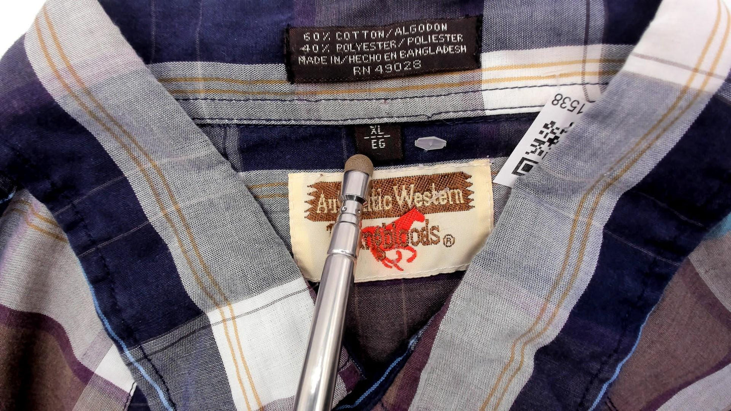 90s Youngbloods Western Shirt Pearl Snap Plaid Navy Brown Extra Large XL