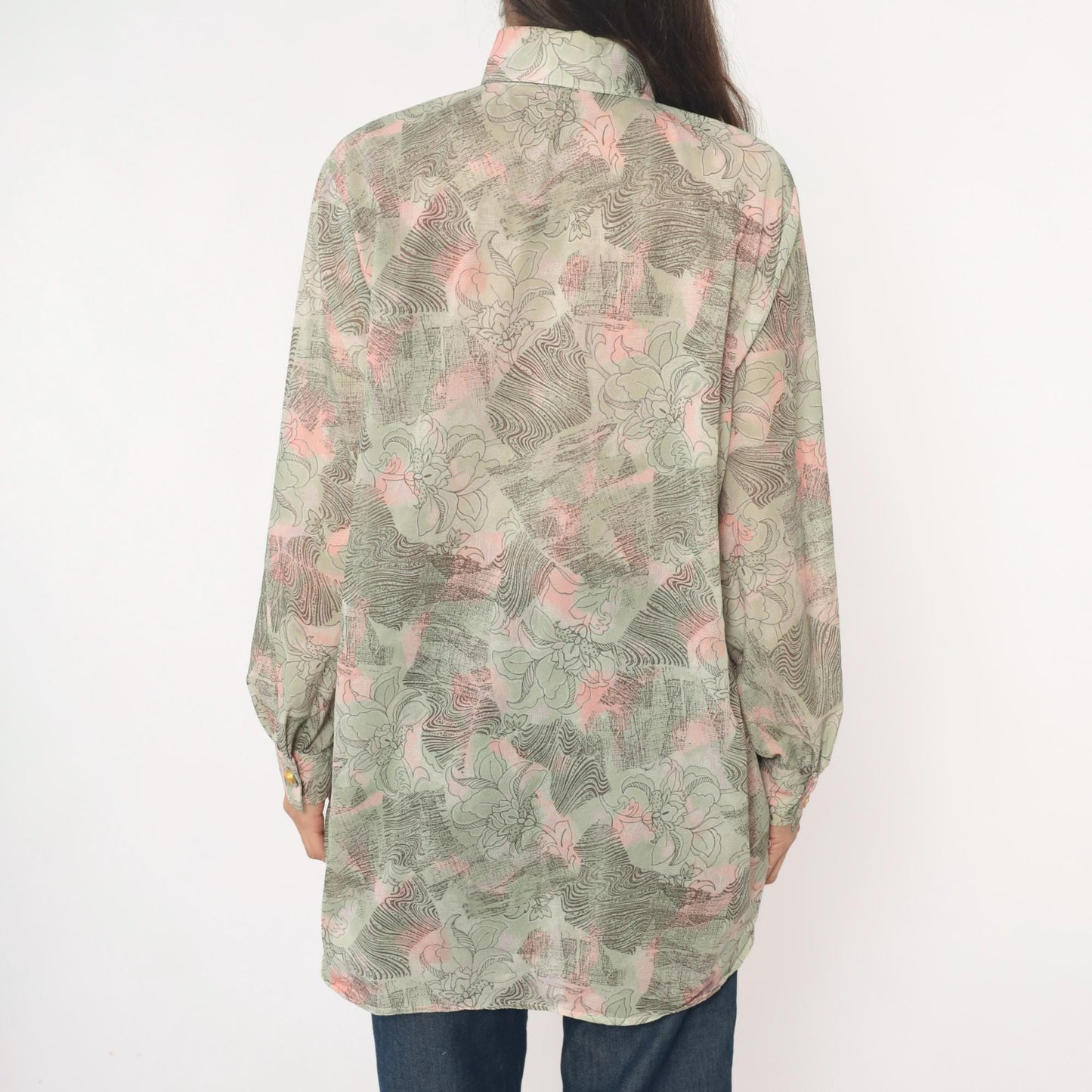 70s Abstract Floral Tunic Shirt Sage Pink Cream Button Front Medium