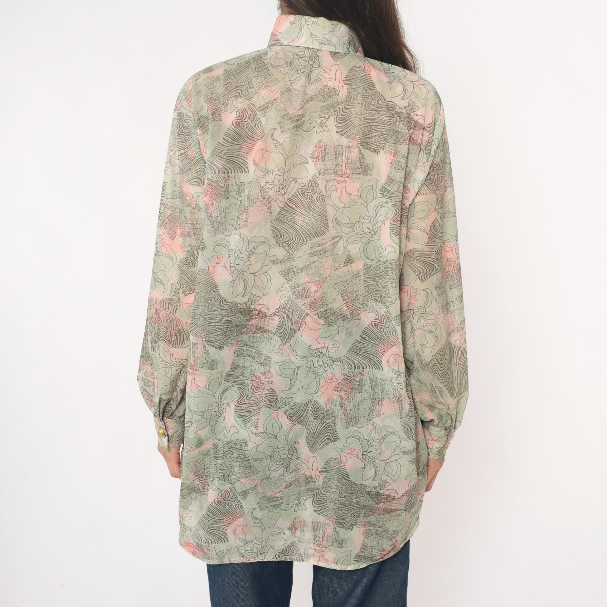 70s Abstract Floral Tunic Shirt Sage Pink Cream Button Front Medium