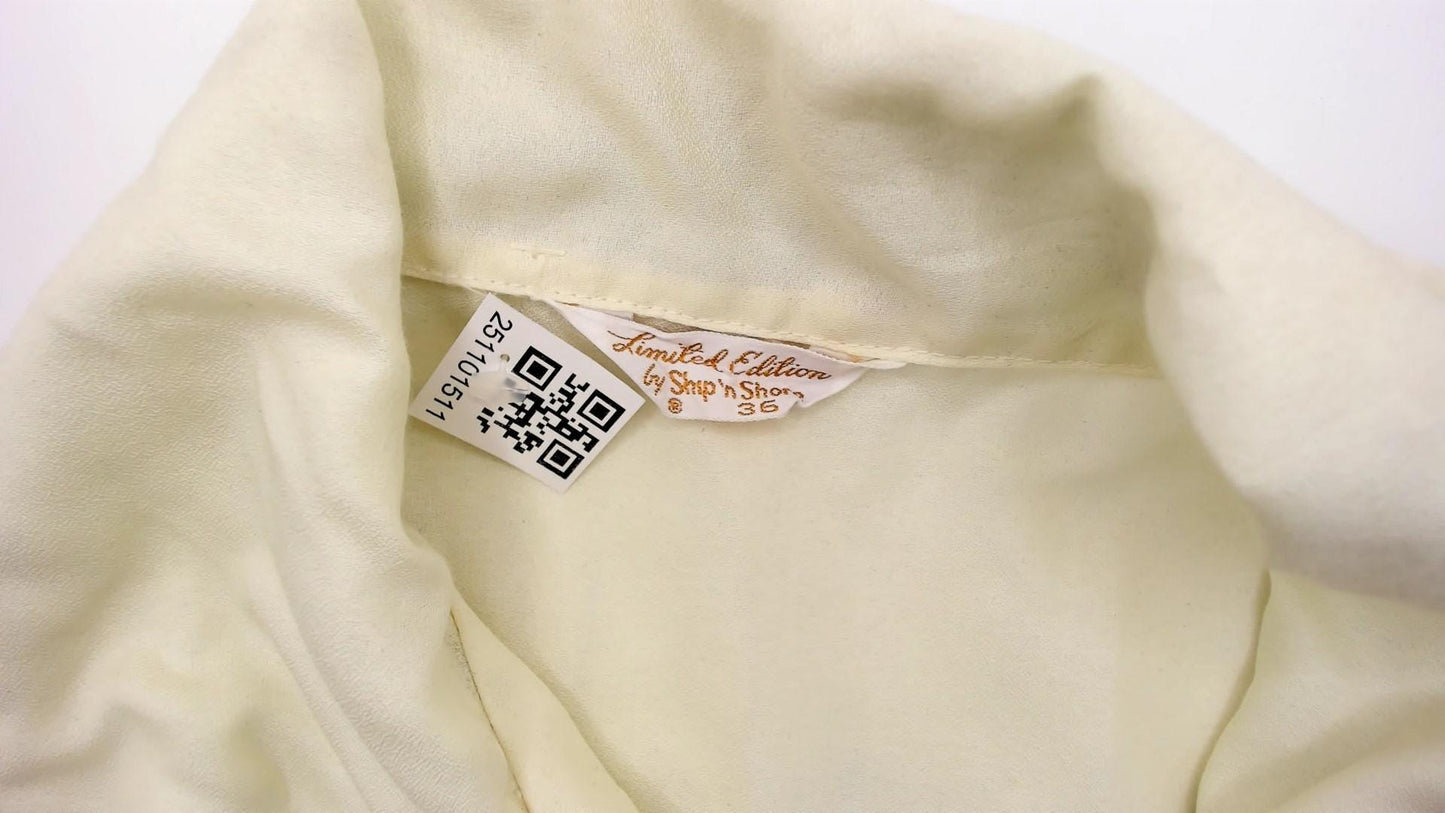 70s Ship n Shore Pale Yellow Button-Up Blouse Smocked Sleeve Collared Large
