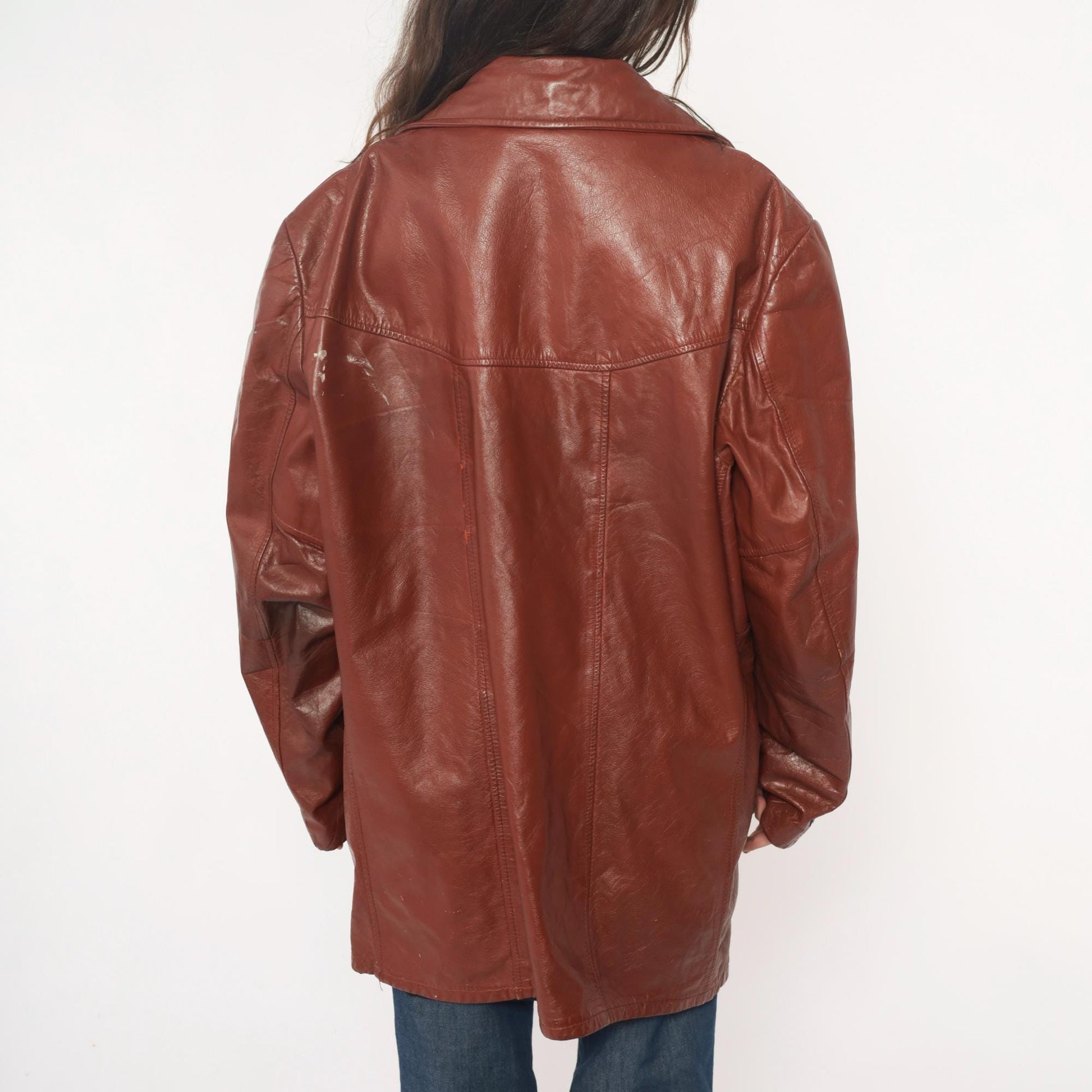 70s Brown Leather Jacket Notched Collar Long Coat Burgundy Lining Extra Large