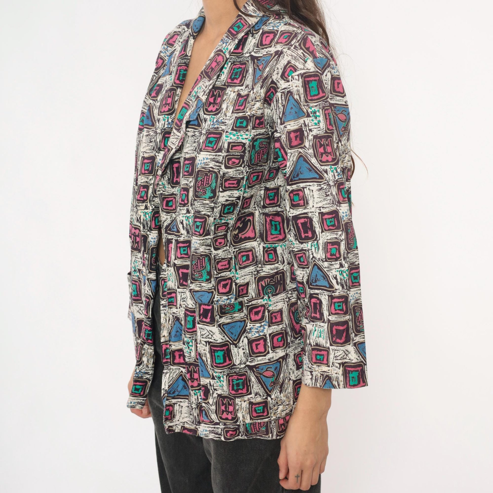 90s Mister Remo Geometric Abstract Blazer Pink Blue Cotton Small S