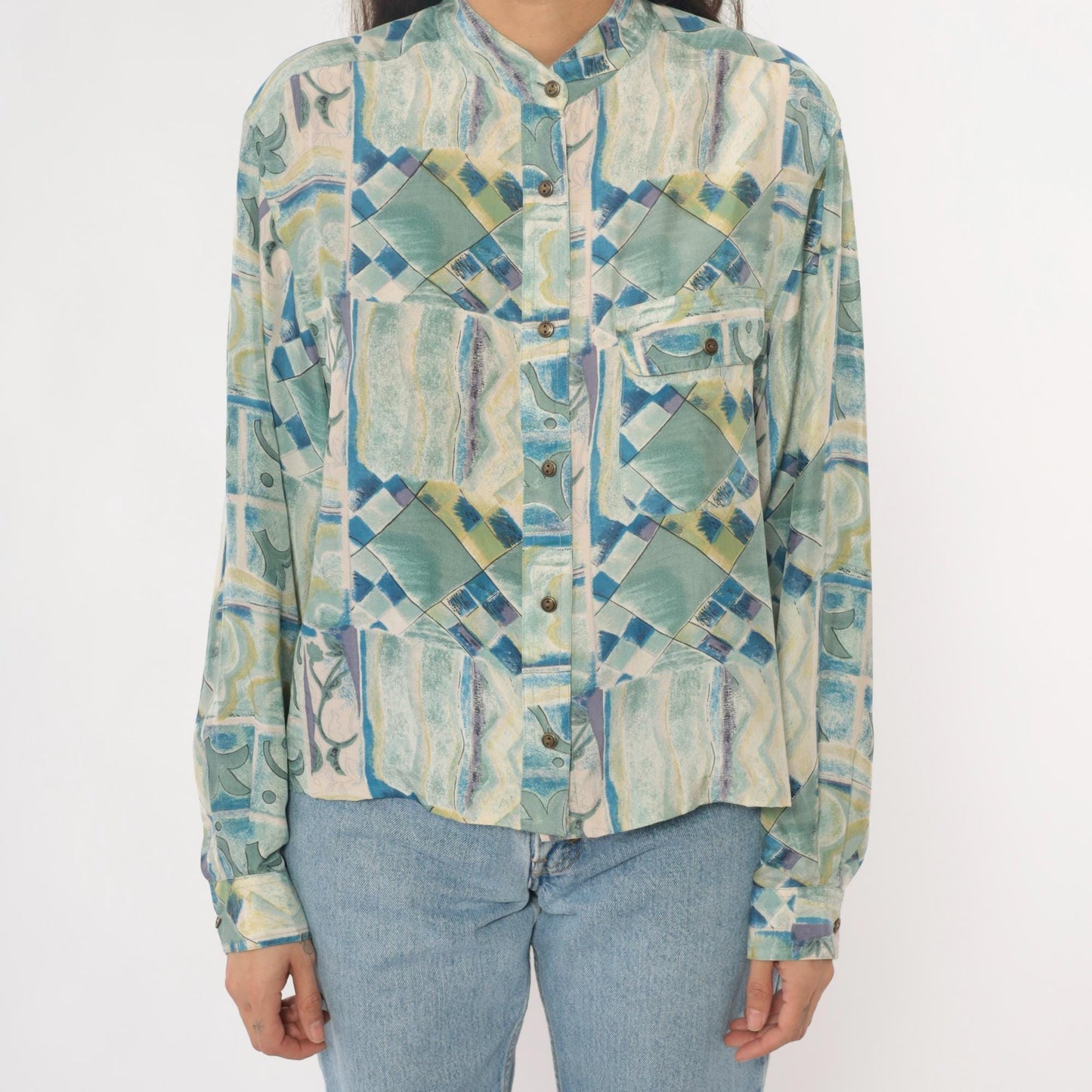 90s Silk Blouse Abstract Geometric Print Blue Green Cream Button Front Medium M