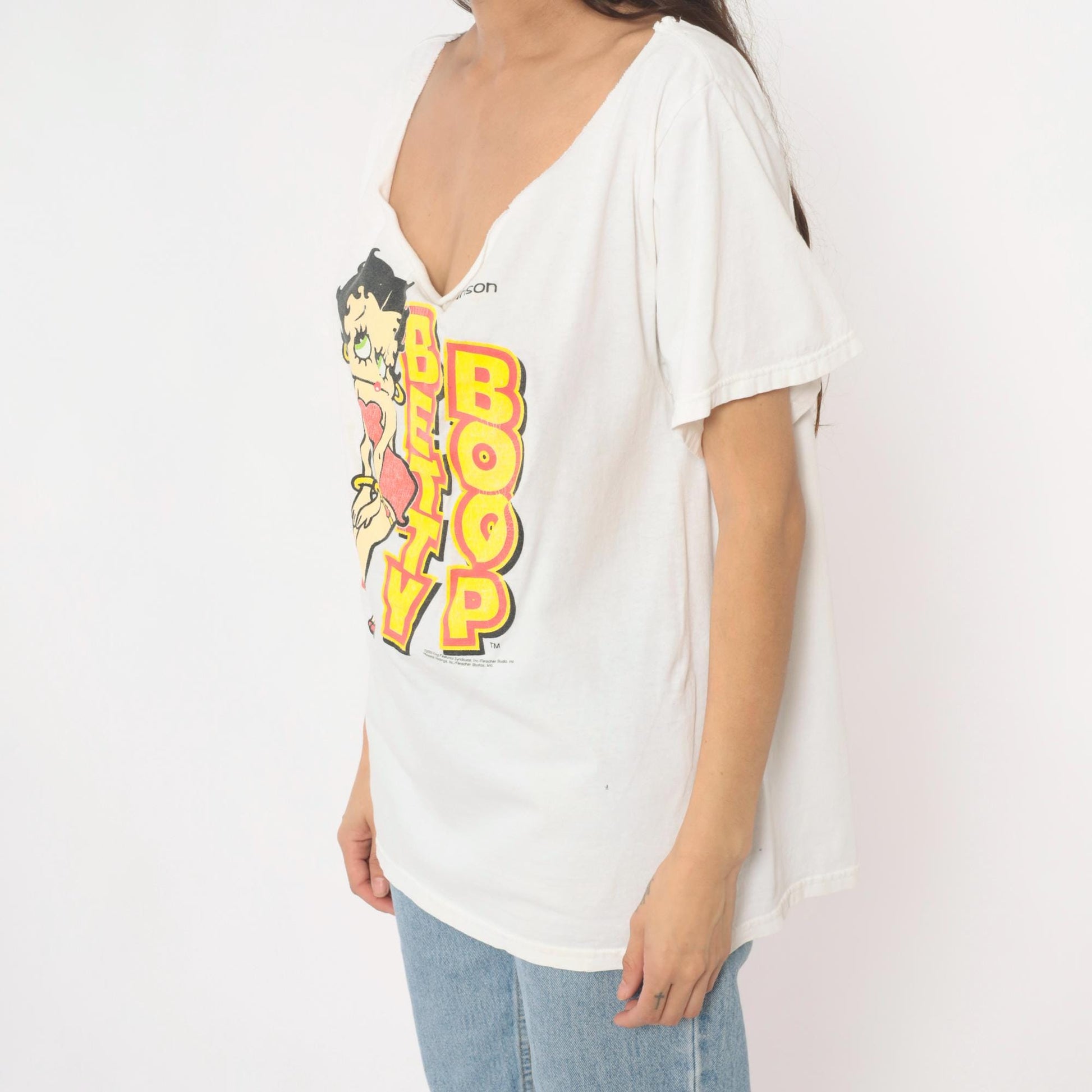 Y2K Betty Boop Graphic Tee White Cotton Off-Shoulder Distressed Extra Large