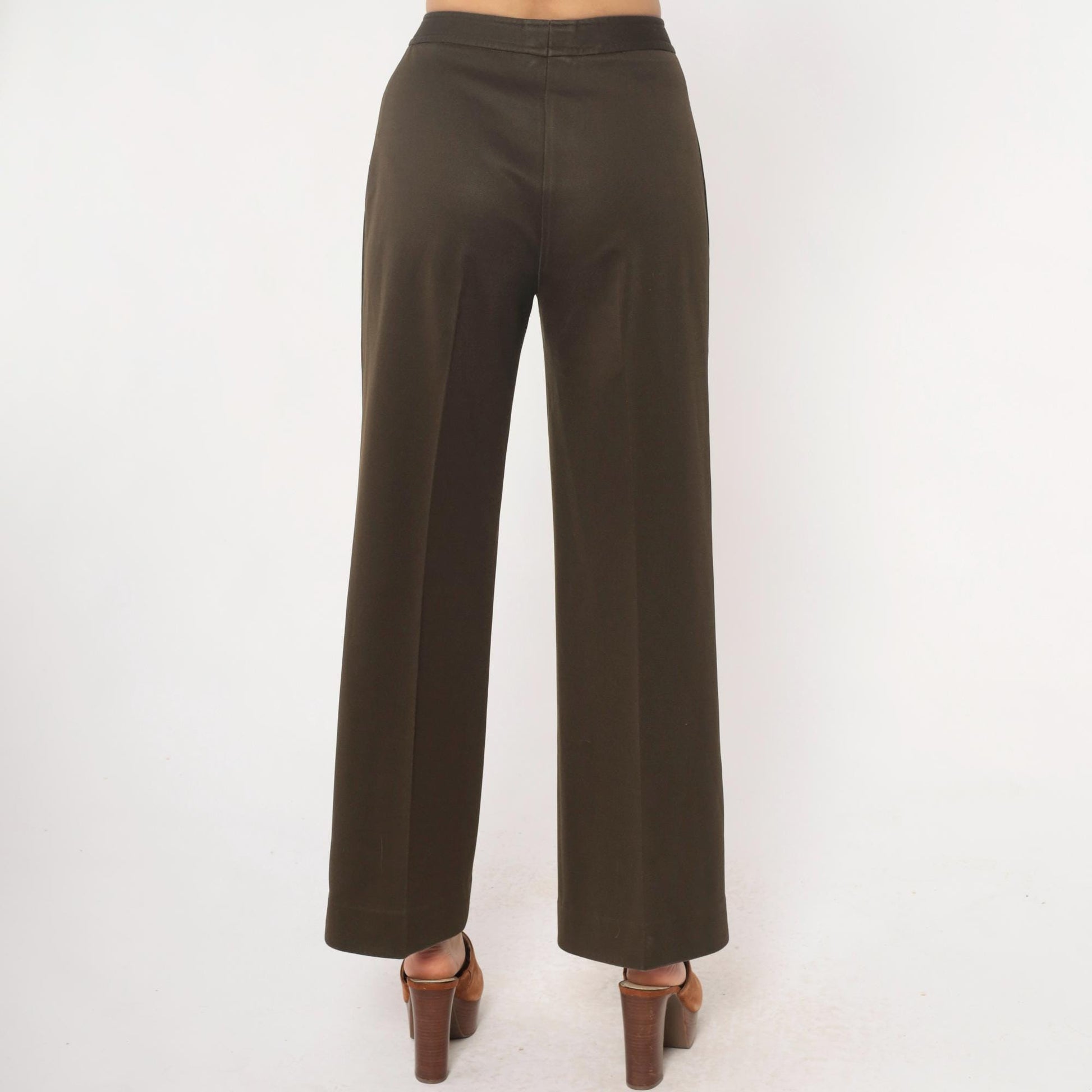 70s High Waisted Brown Straight Leg Trousers Flat Front Medium