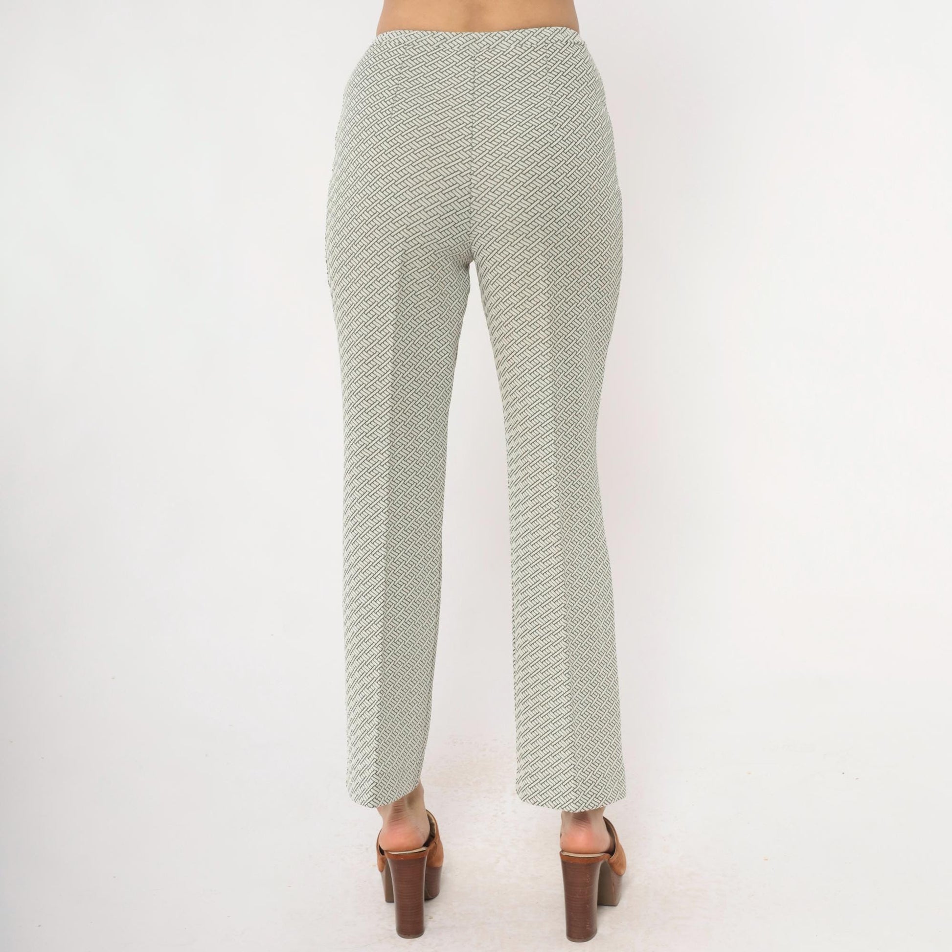 70s Geometric Basketweave Straight Leg Pants Cream Black High Waist Small