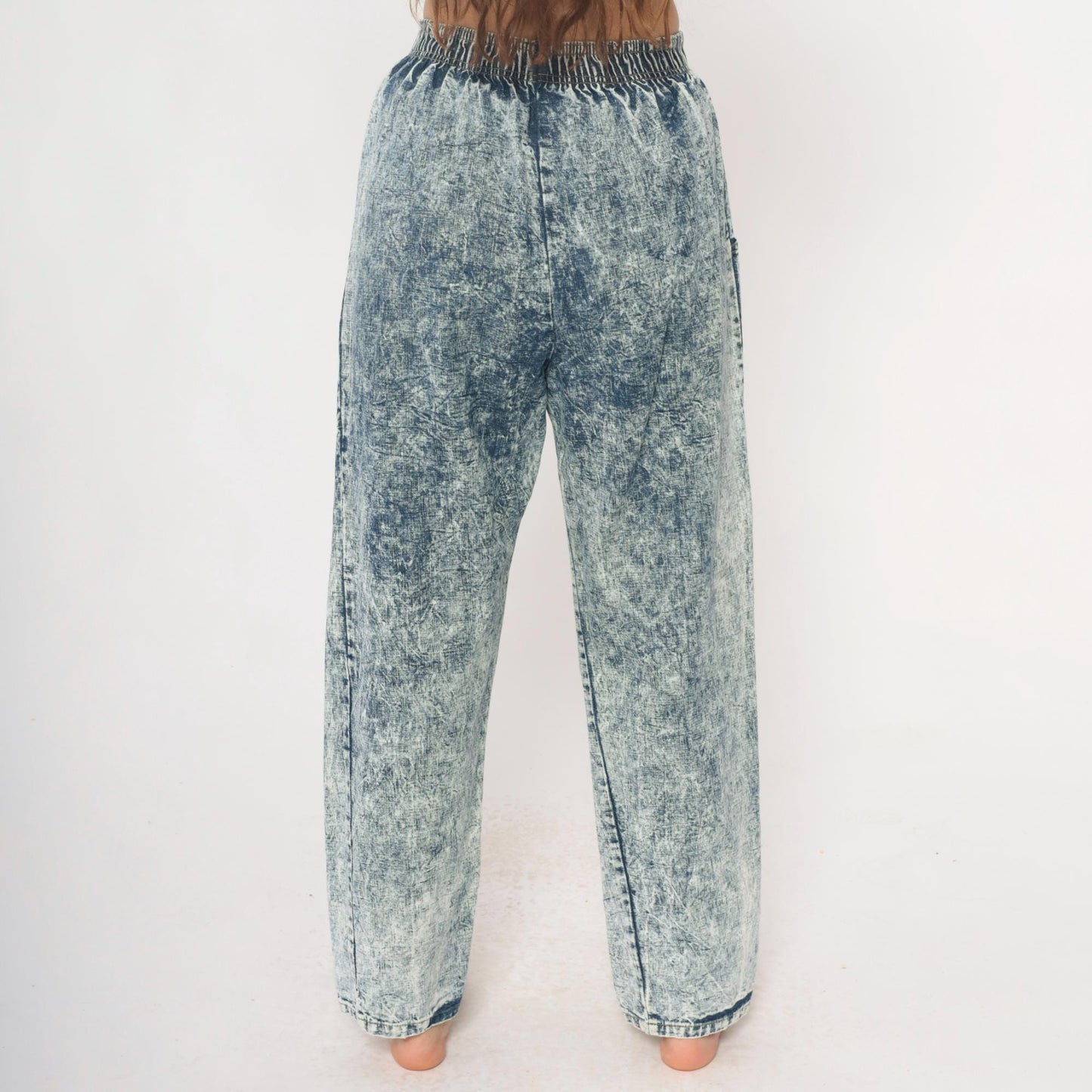 90s Acid Wash Denim High Rise Elastic Waist Straight Leg Light Blue Small Medium