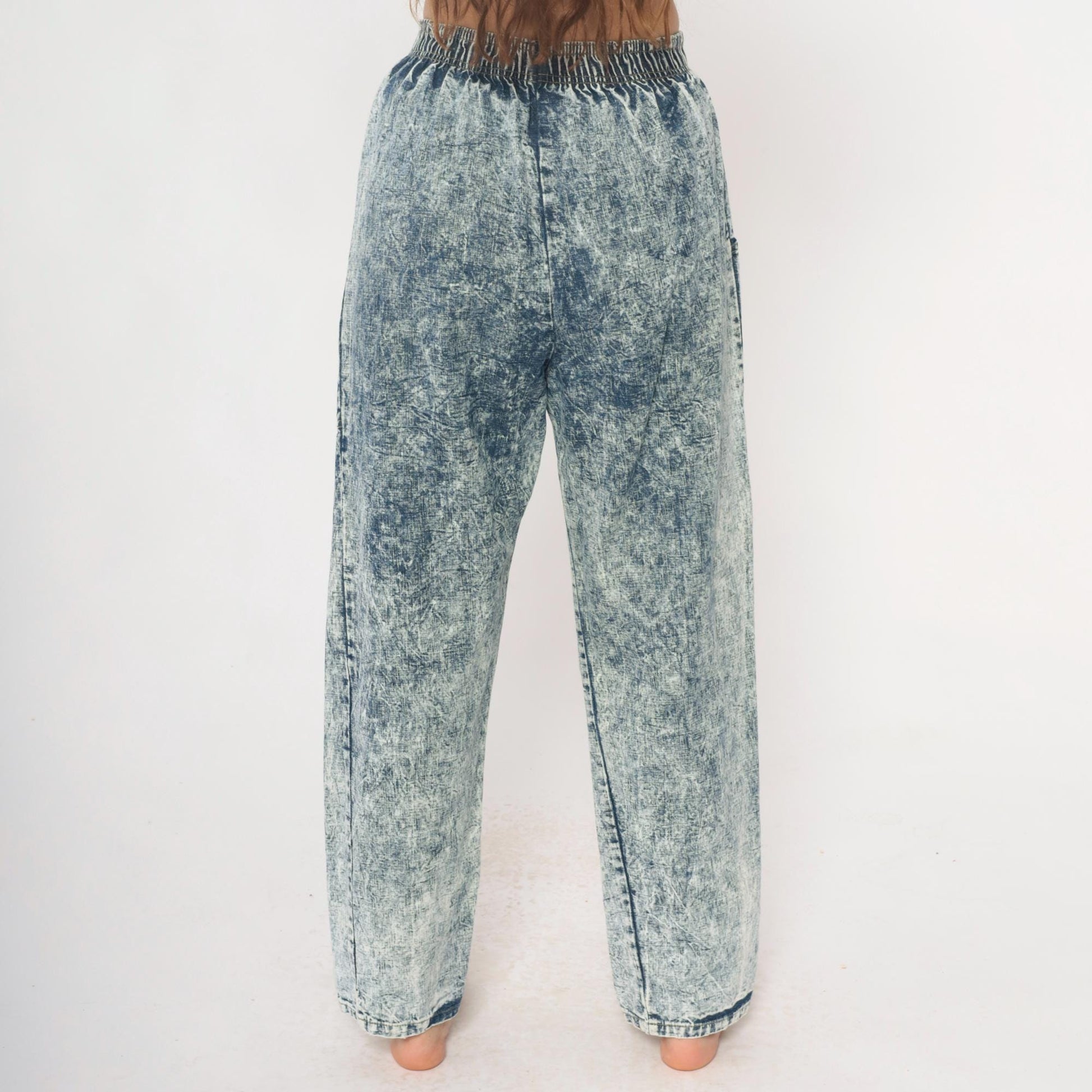 90s Acid Wash Denim High Rise Elastic Waist Straight Leg Light Blue Small Medium