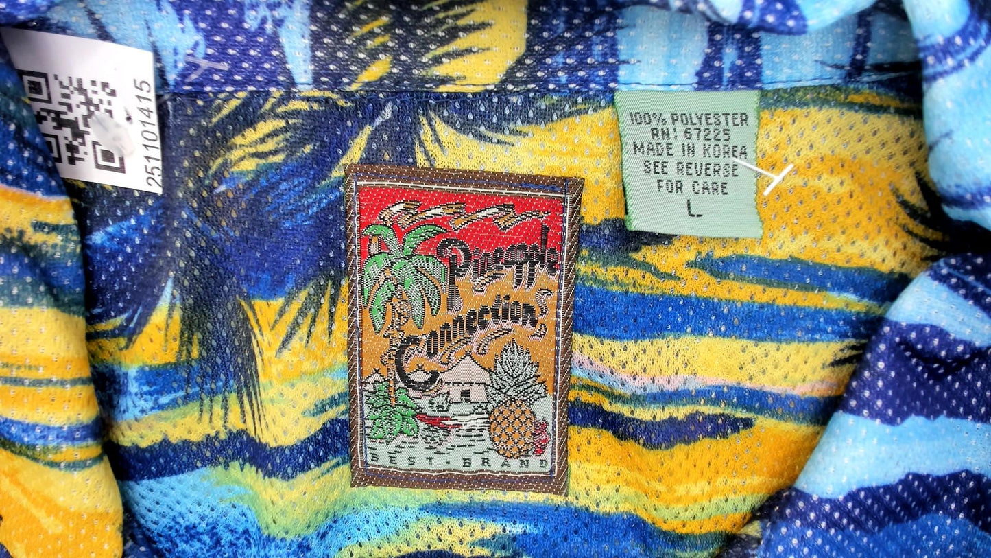 Y2K Pineapple Connection Hawaiian Shirt Blue Yellow Palm Tree Print Large L