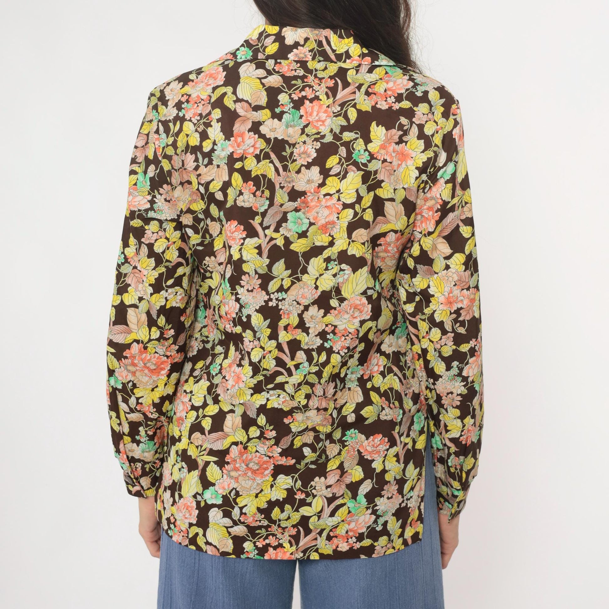 70s Pykettes Floral Blouse Brown Psychedelic Print Collared Long Sleeve Medium