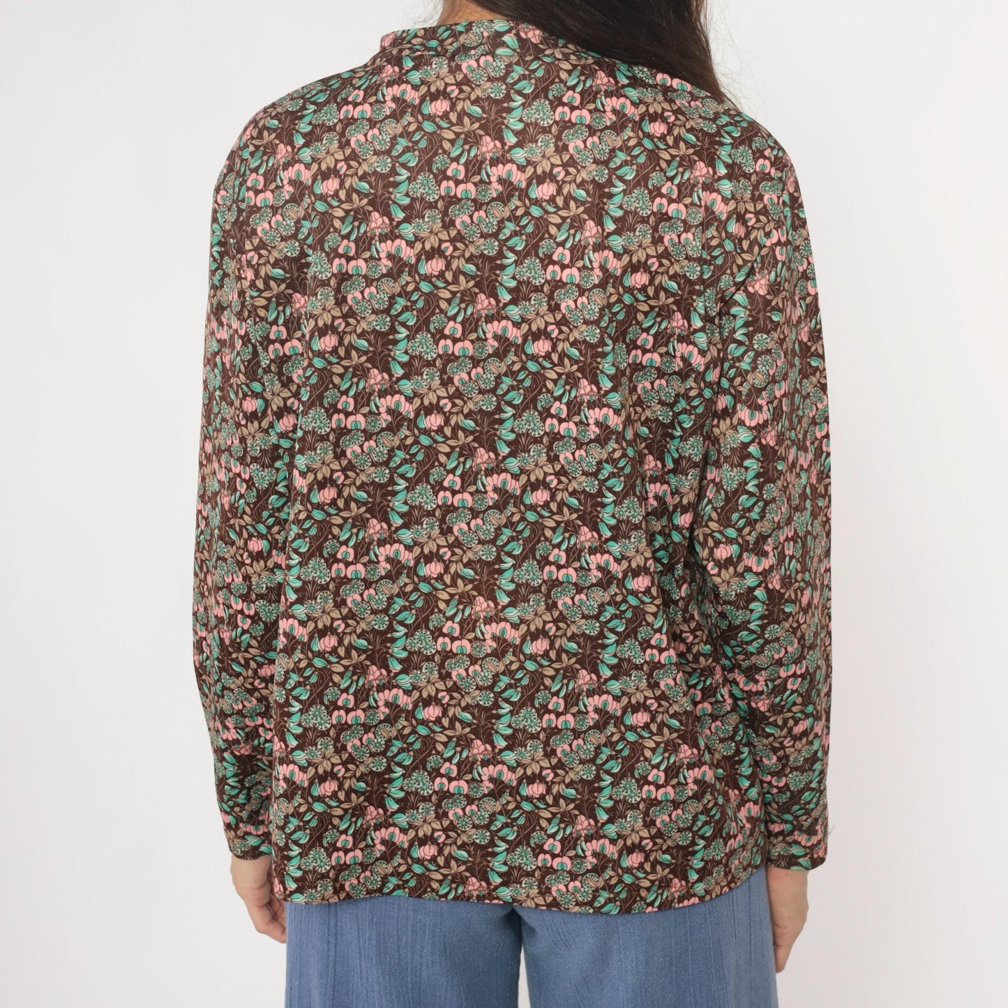 70s Floral Pullover Blouse Brown Pink Mint Crew Neck Long Sleeve Medium