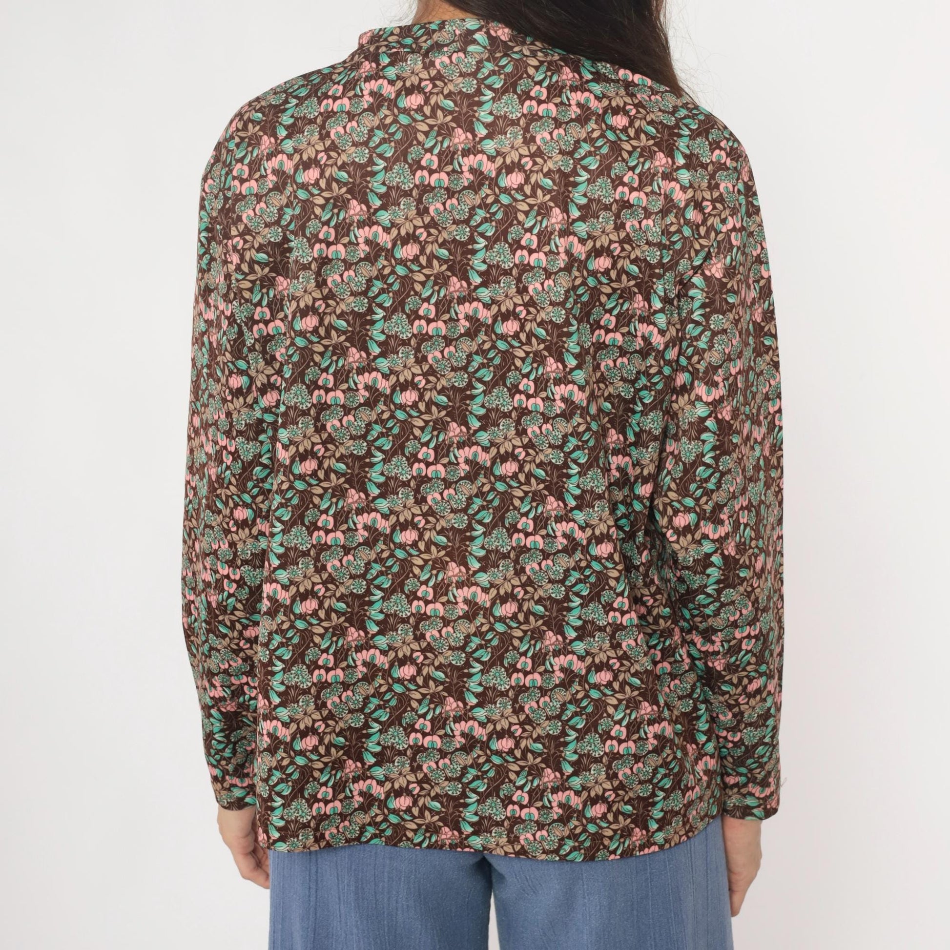 70s Floral Pullover Blouse Brown Pink Mint Crew Neck Long Sleeve Medium
