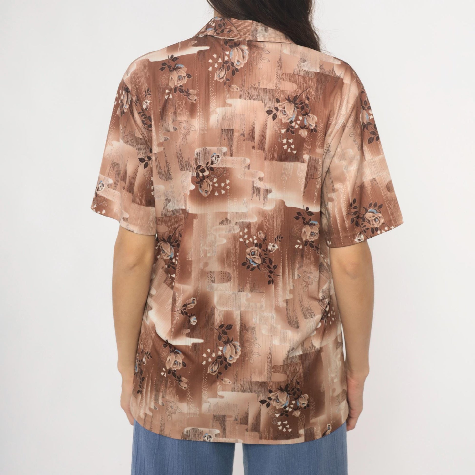 70s Stuart Mann Floral Button-Up Blouse Brown Tan Roses Geometric Medium M