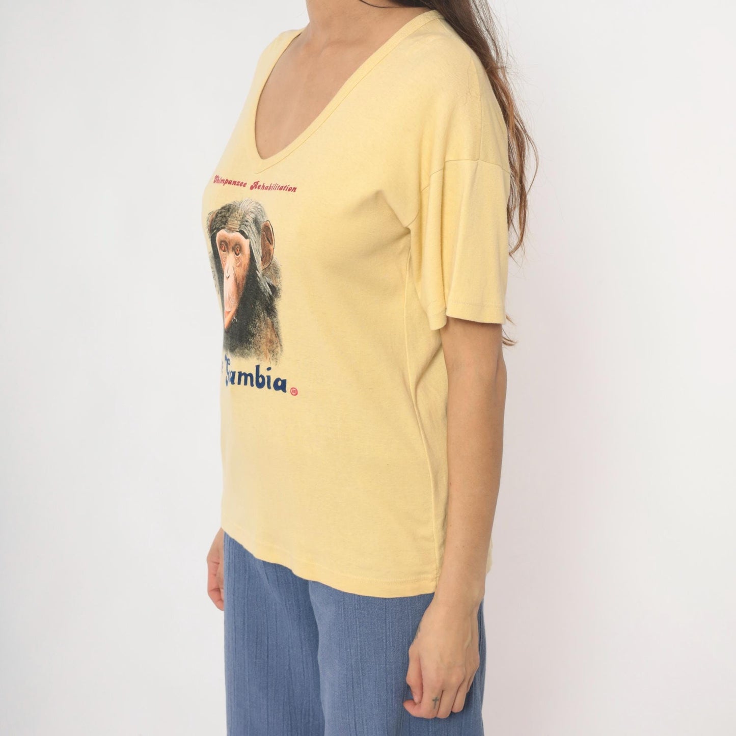 80s Chimpanzee Rehabilitation The Gambia Yellow Cotton V-Neck Tee Large L