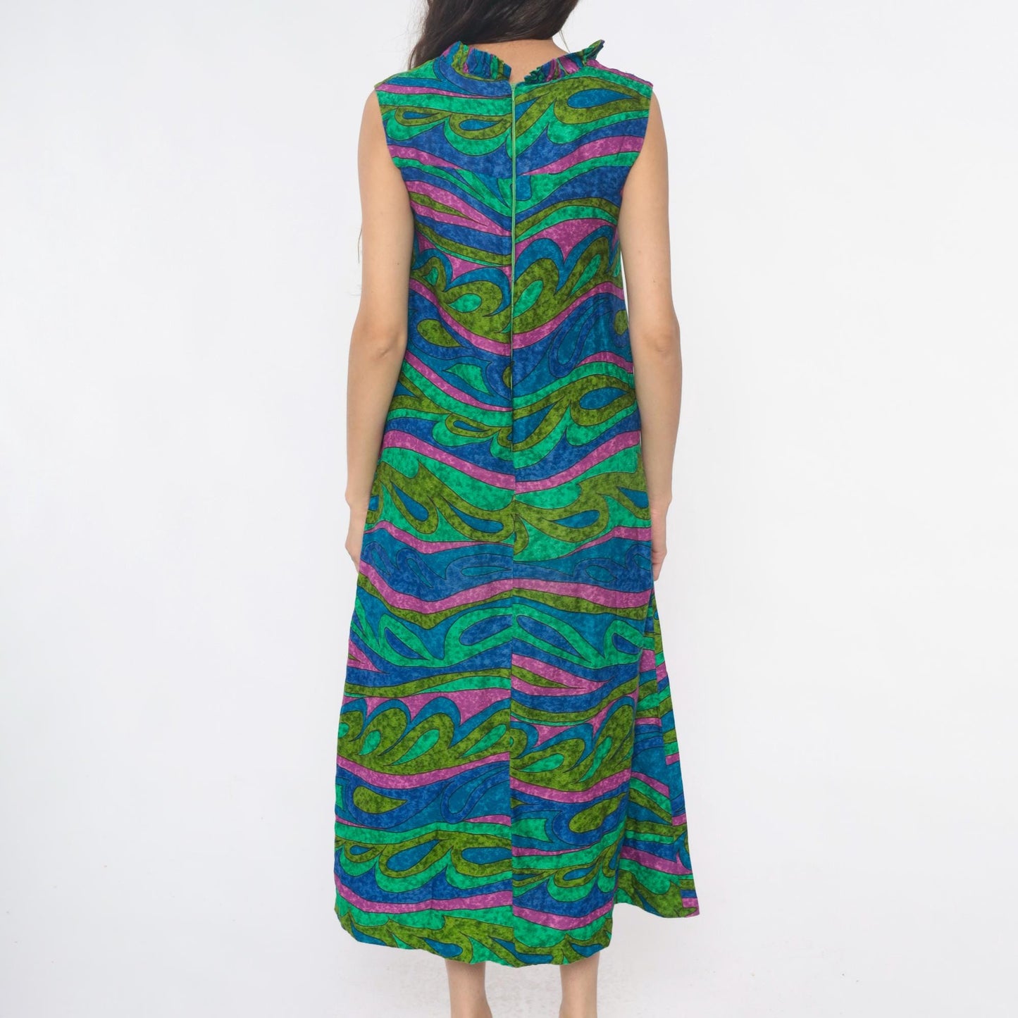 70s Psychedelic Swirl Maxi Dress Blue Green Pink Wave Print Sleeveless Extra Small