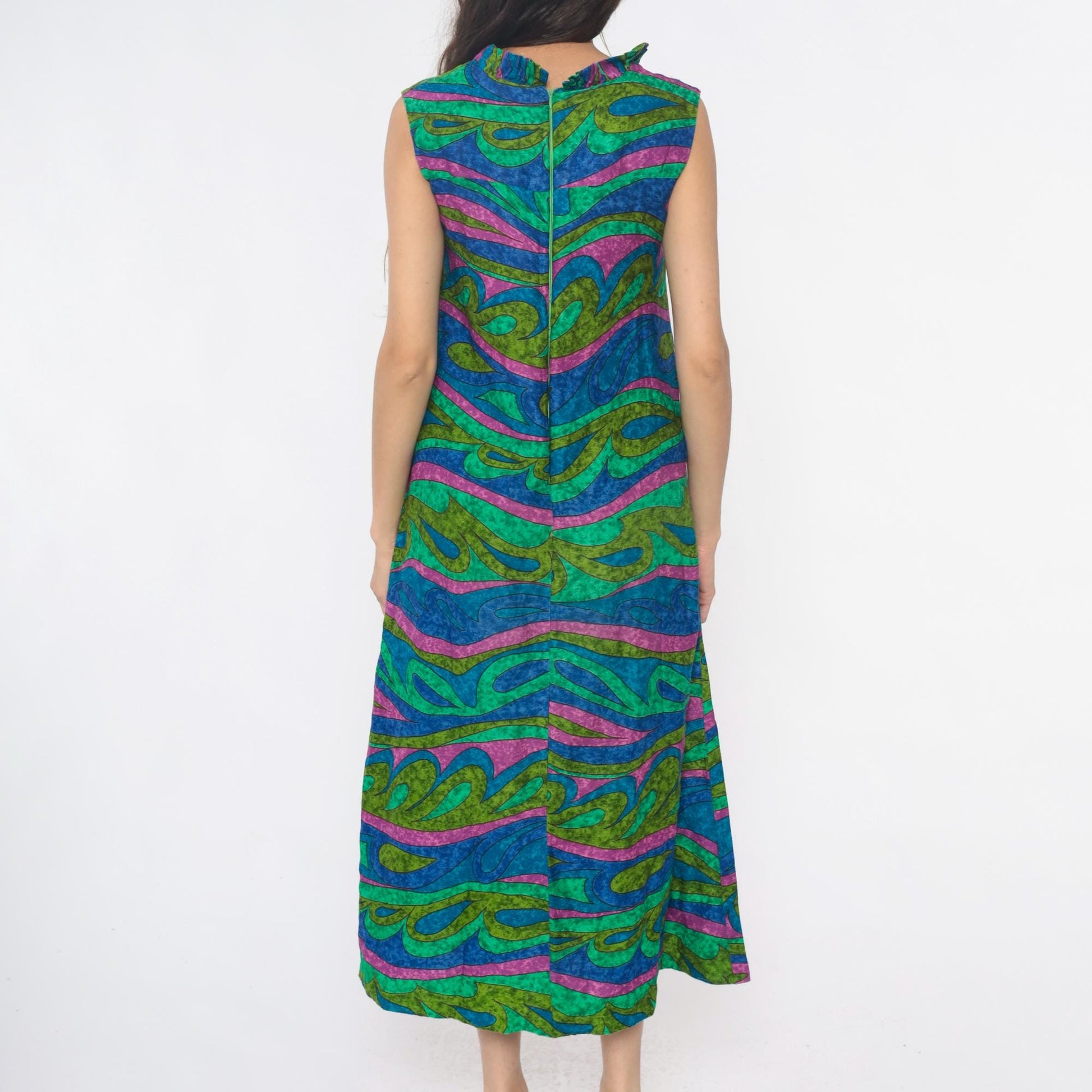 70s Psychedelic Swirl Maxi Dress Blue Green Pink Wave Print Sleeveless Extra Small