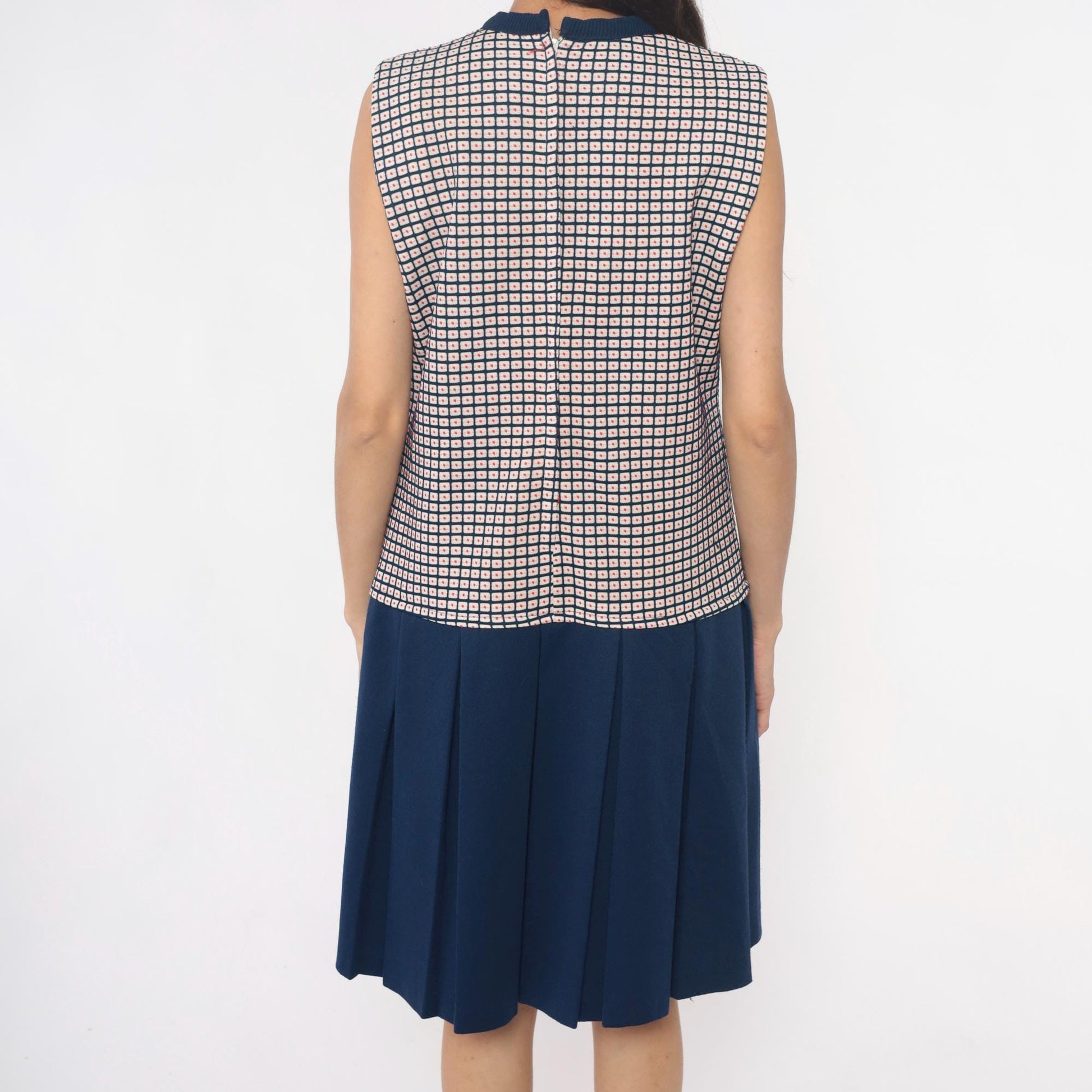 70s Navy Checkered Colorblock Dress Pleated Skirt Sleeveless Large L