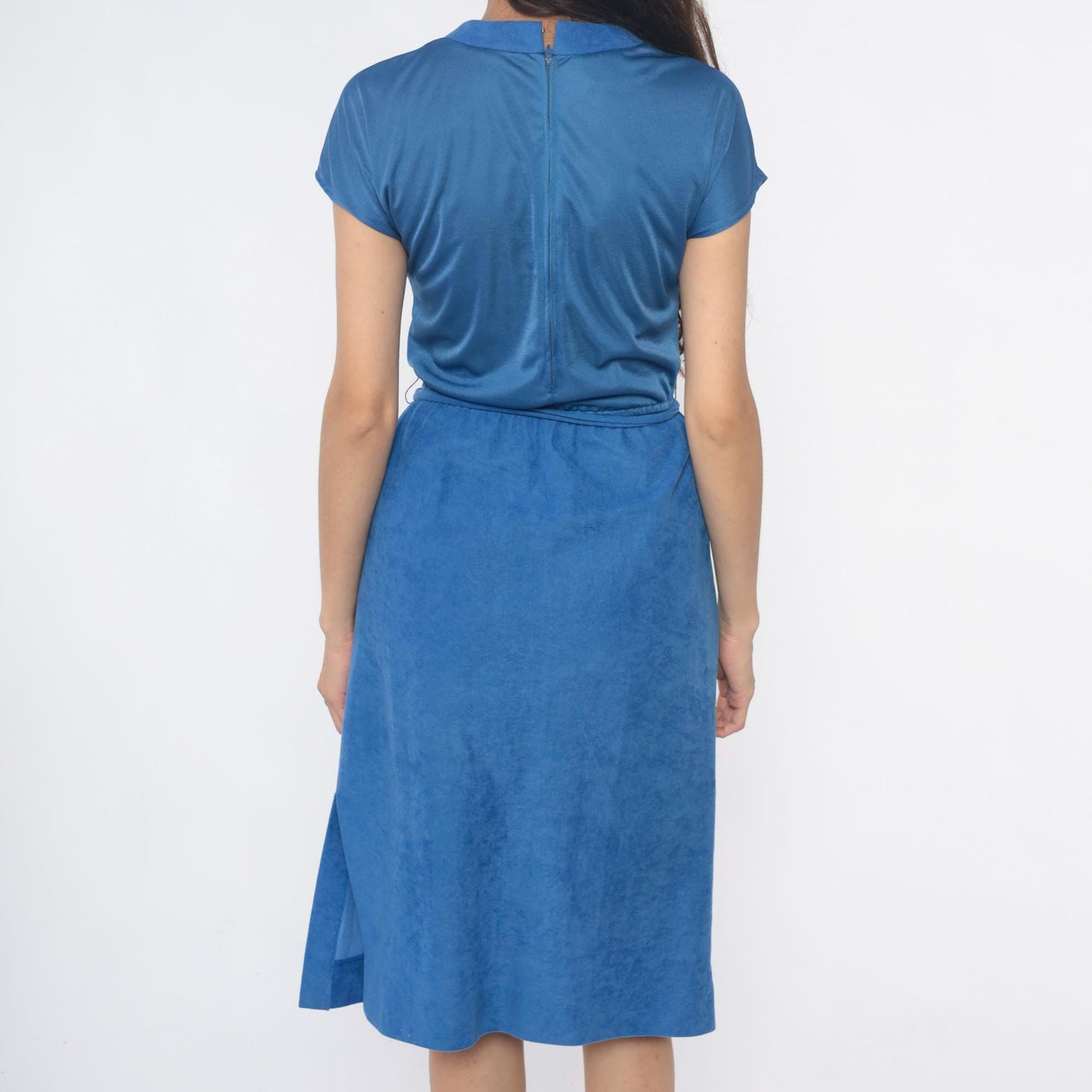 80s Gail Gray Periwinkle Midi Wrap Dress V-Neck Belted Small