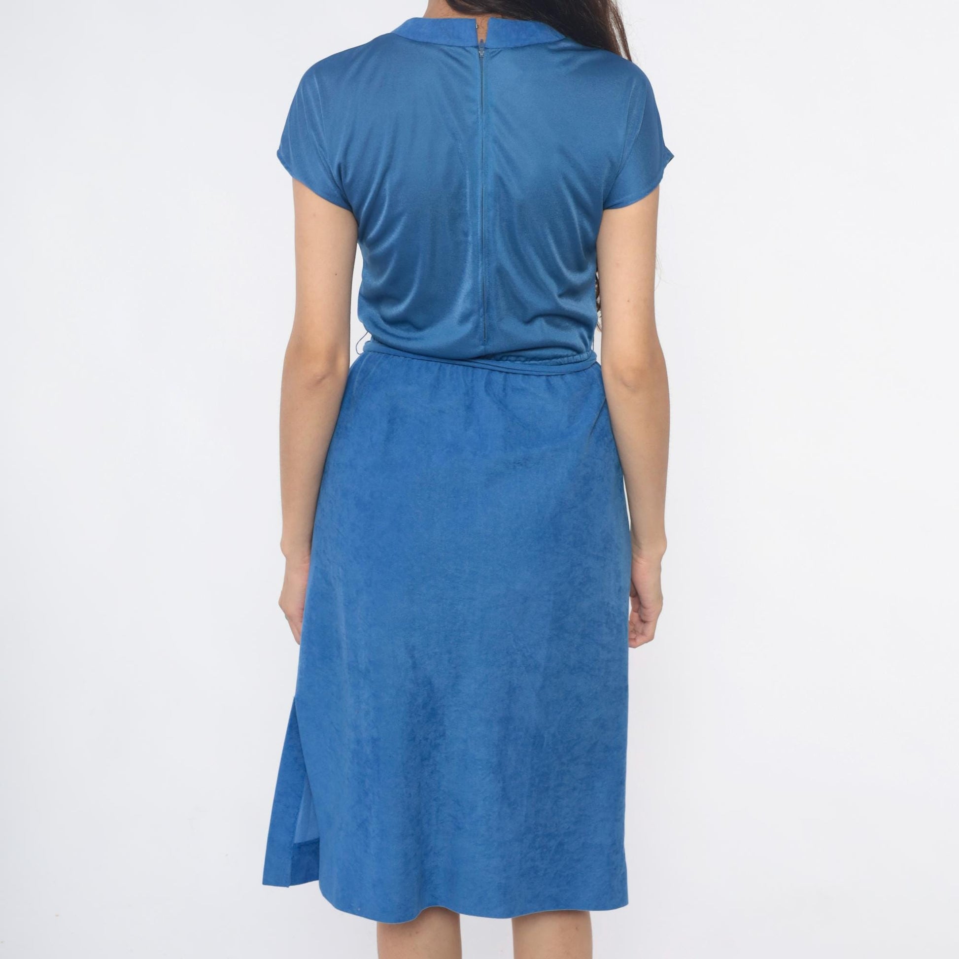 80s Gail Gray Periwinkle Midi Wrap Dress V-Neck Belted Small