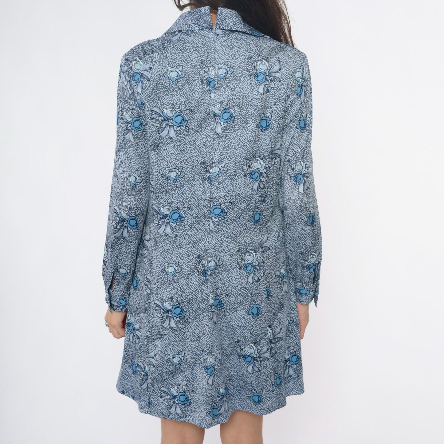 70s Blue-Gray Floral Bow Shirt Dress Pointed Collar Knee-Length Large