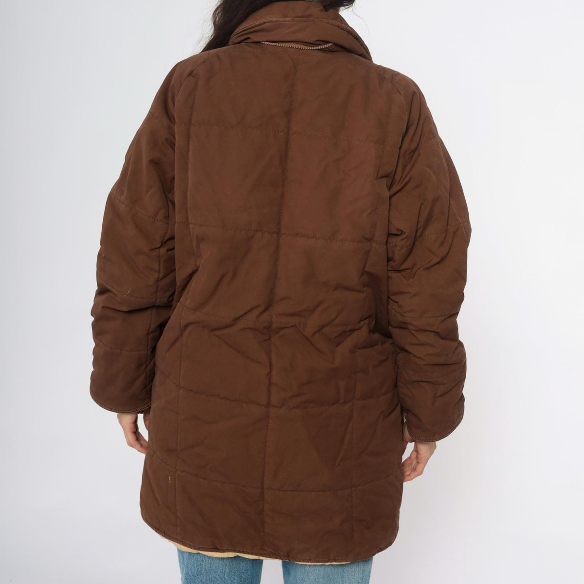 80s REI Brown Quilted Puffer Jacket Corduroy Collar Zip Large