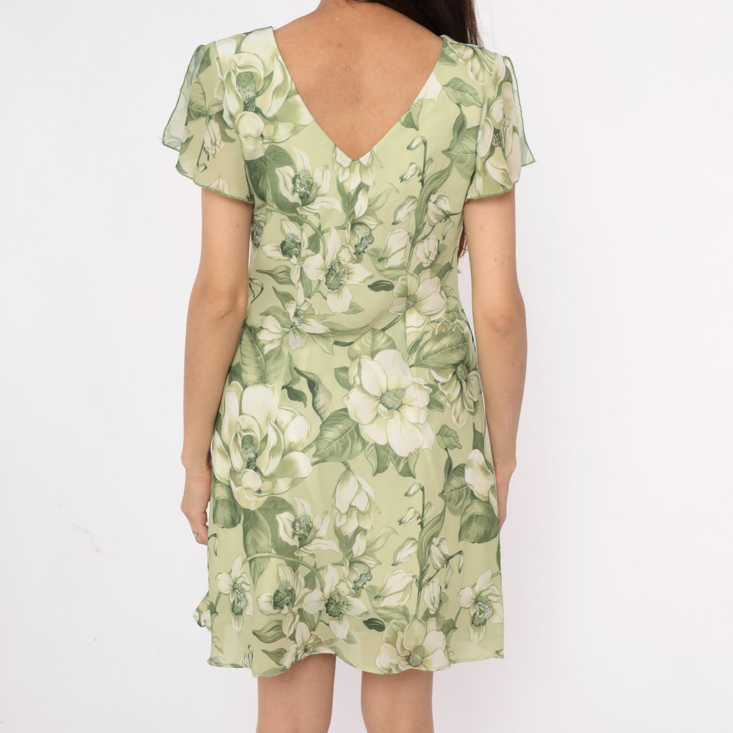 90s Green Magnolia Floral Dress V-Neck Flutter Sleeve A-Line Medium