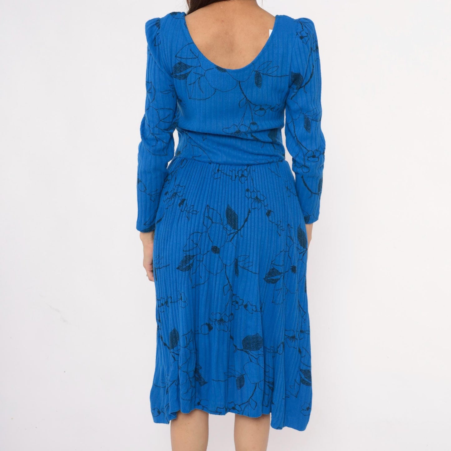 80s Blue Floral Midi Dress Gathered Shoulder Scoop Neckline Small