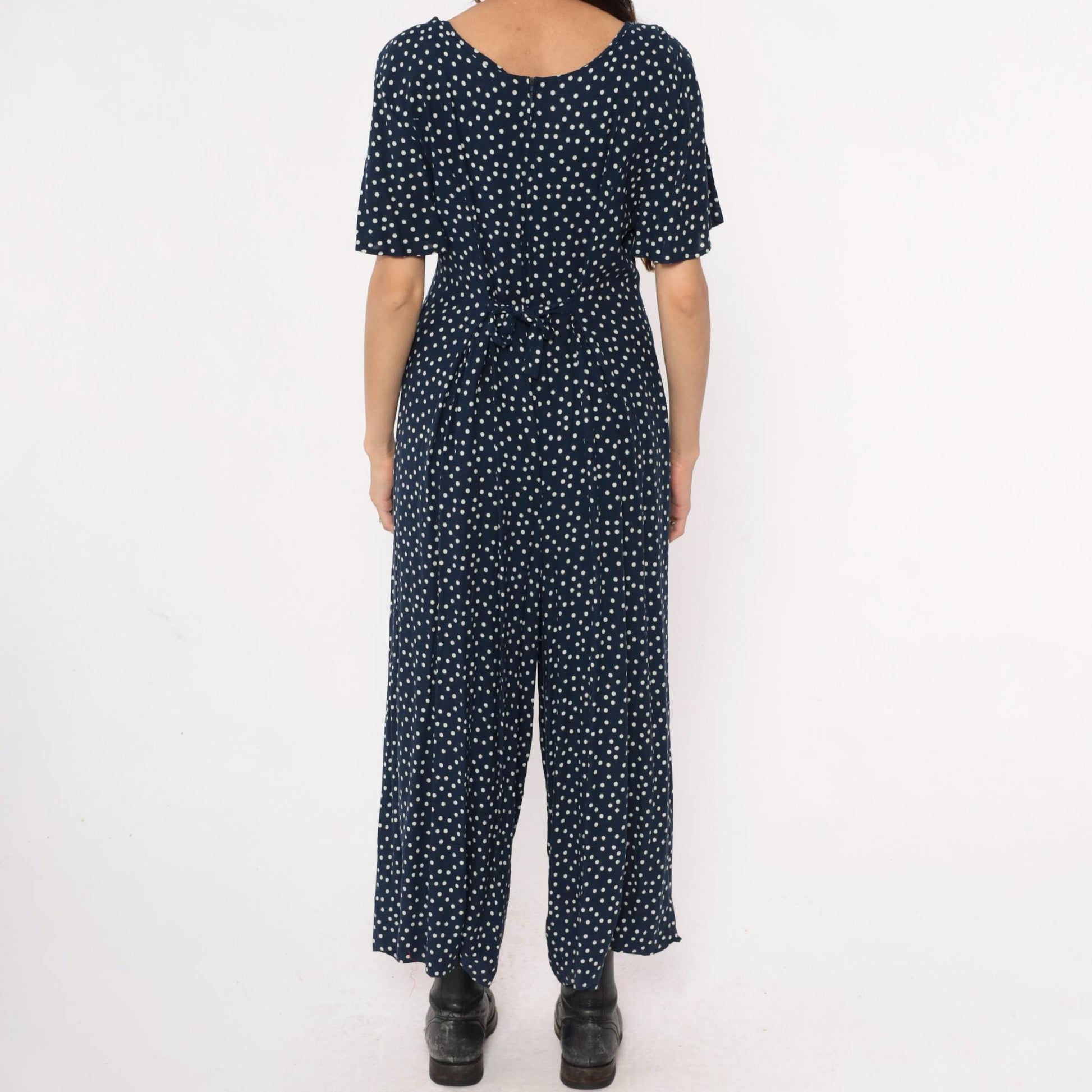 90s Navy Polka Dot Jumpsuit Wide Leg Rayon V-Neck Flutter Sleeve Large L
