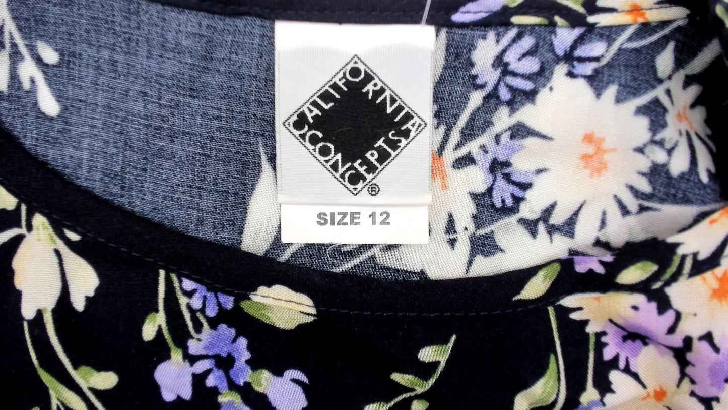 90s California Concepts Floral Maxi Dress Black Yellow Purple Daisy Sleeveless Large