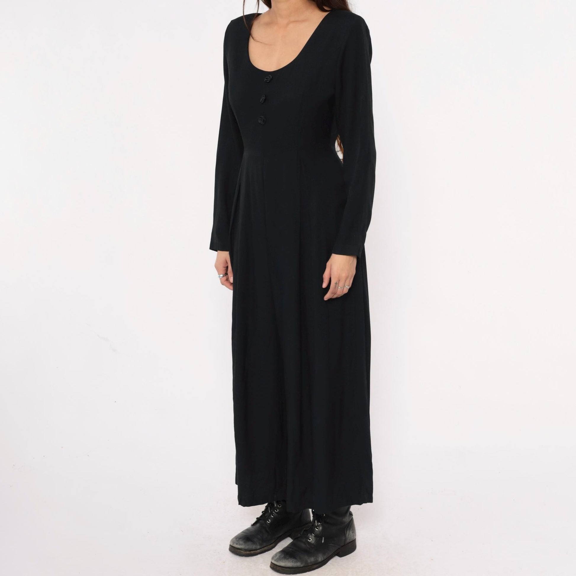 90s Express Black Wide-Leg Jumpsuit Tie Waist Long Sleeve Medium