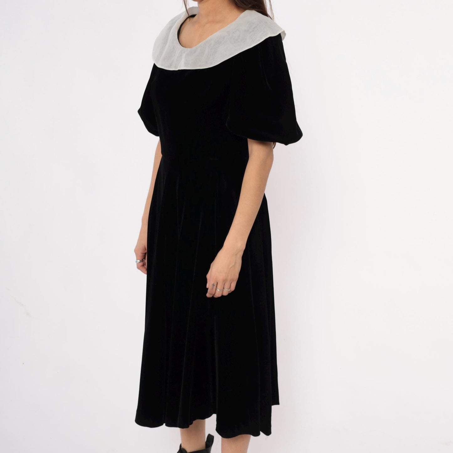 Y2K Yuki Torii Black Velvet Midi Dress White Peter Pan Collar Medium M