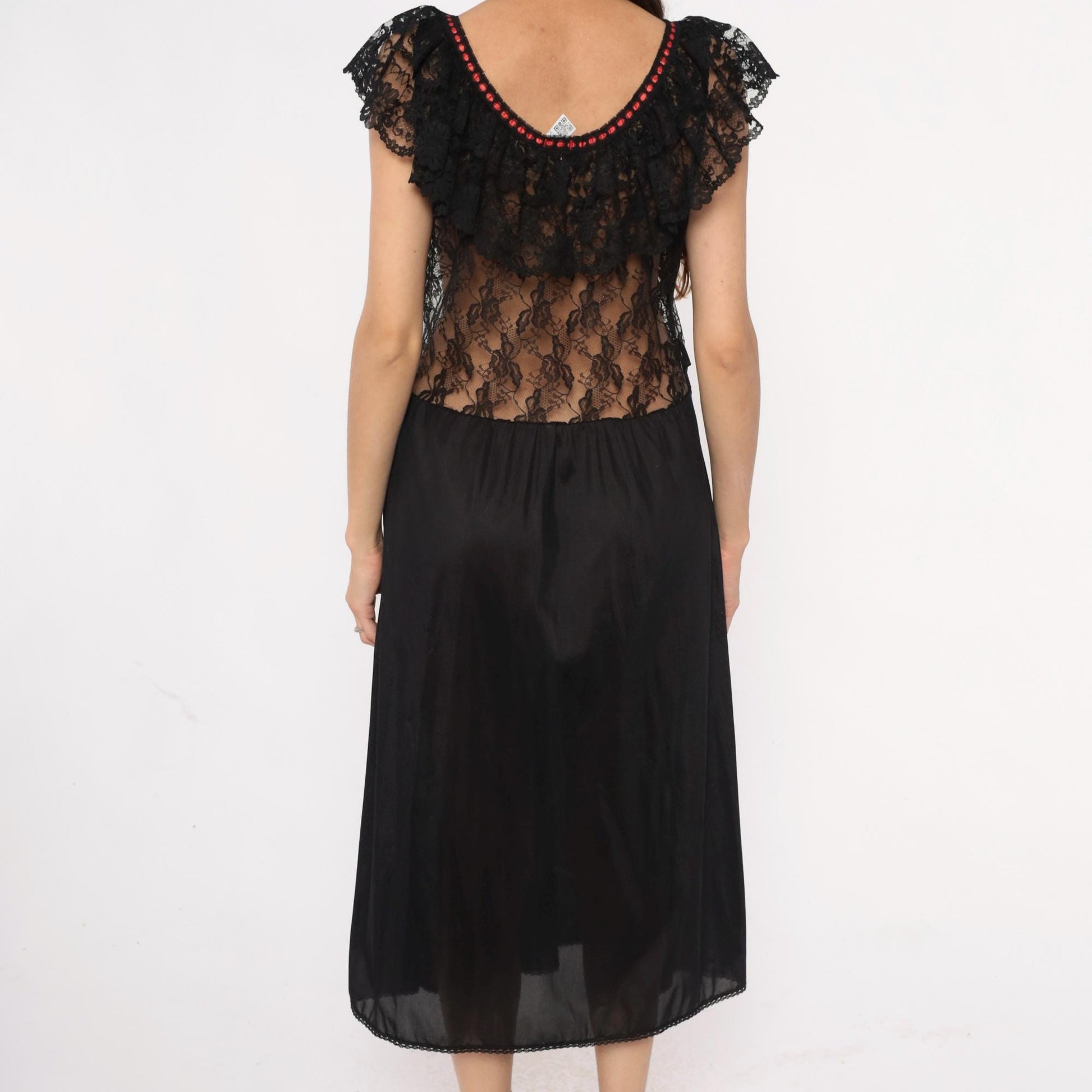 80s Stroke of Midnight Black Lace Nightgown Red Beaded Trim Maxi Large