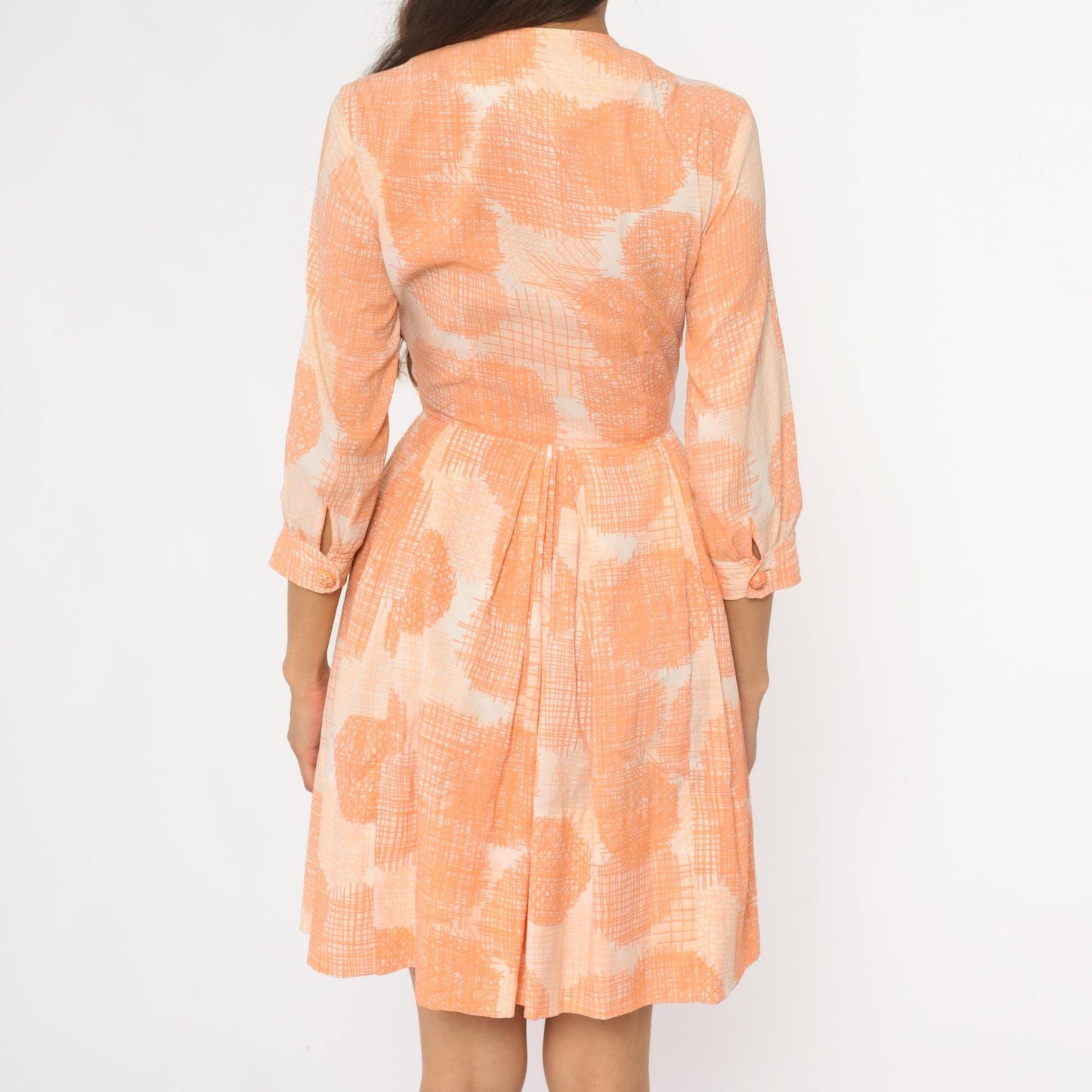 60s Peach Floral Button Front Dress Peter Pan Collar Pleated Skirt XS