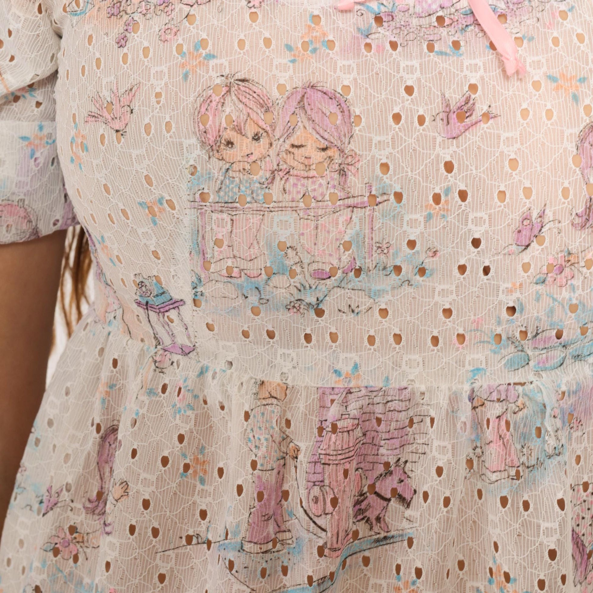 70s White Eyelet Maxi Dress Kawaii Children Print Puff Sleeve Small