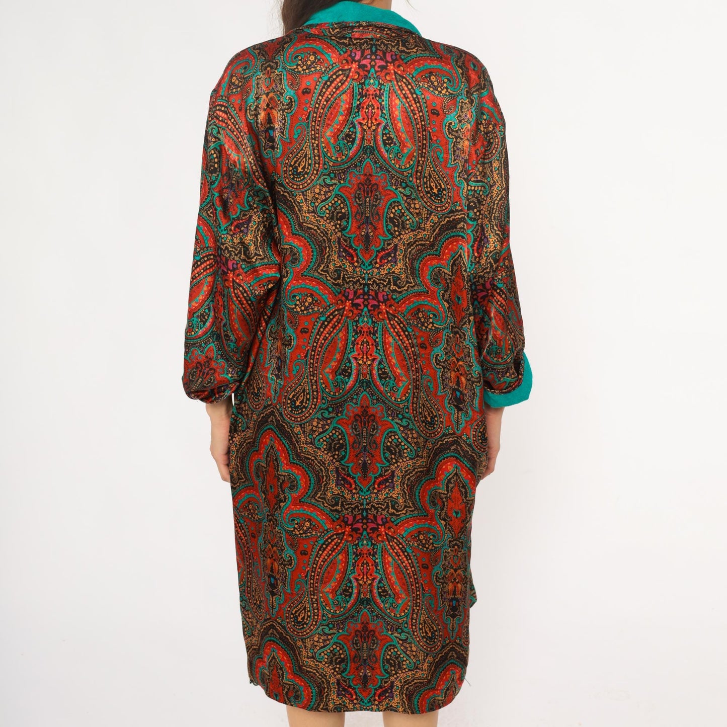 80s Paisley Terrycloth Robe Turquoise Orange Black Lace Trim Knee Length Large