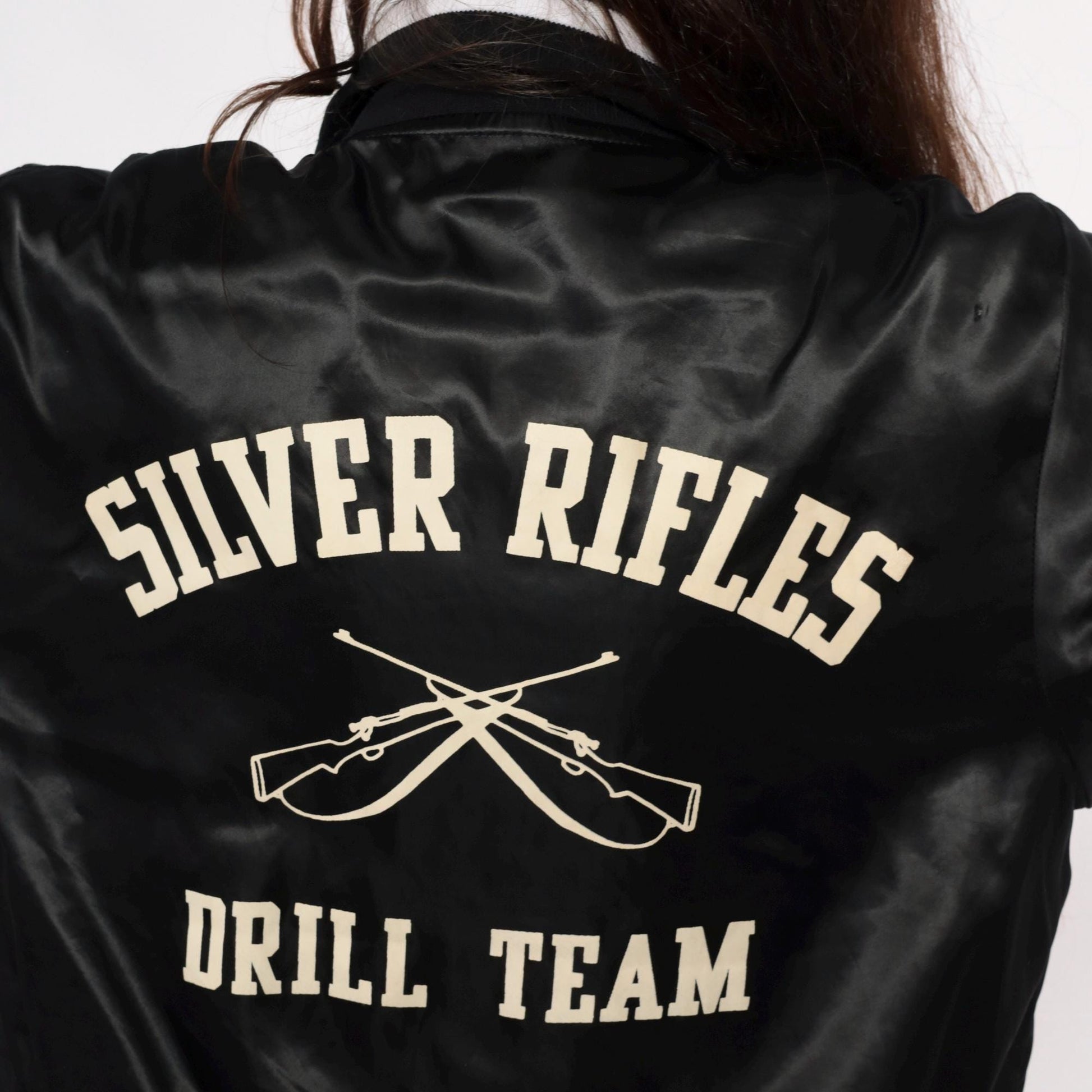 80s Black Satin Varsity Jacket Silver Rifles Drill Team Embroidered Medium