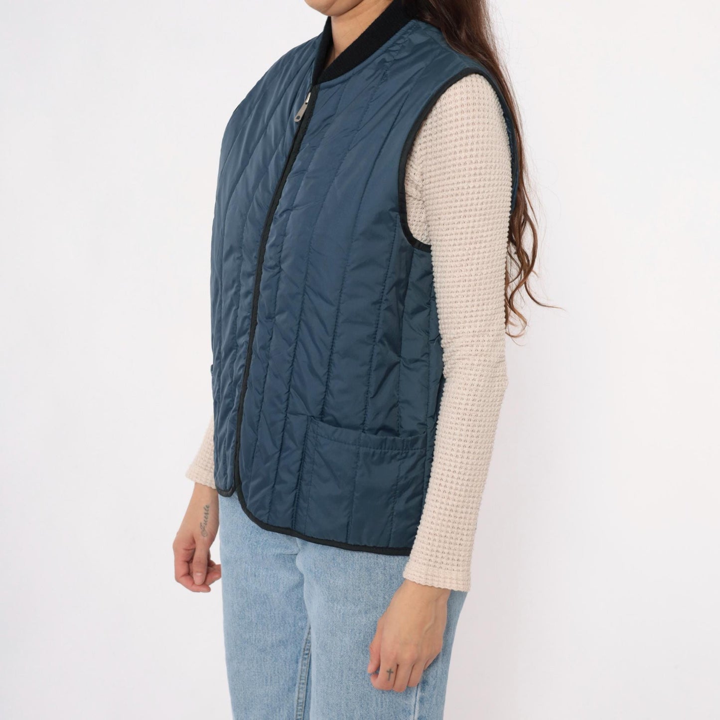 80s Sears Navy Quilted Vest Zip Front Puffer Sleeveless Medium