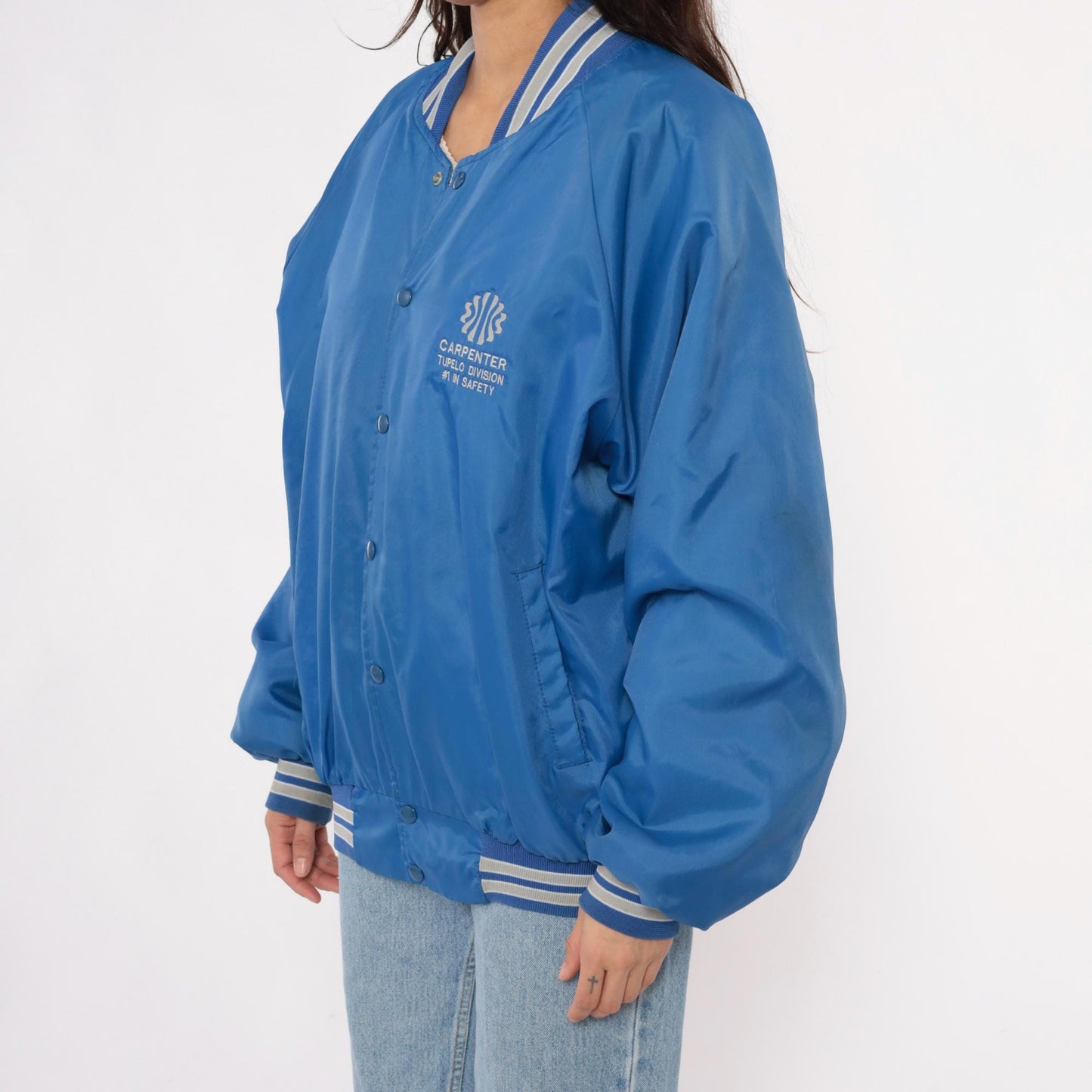 80s Blue Bomber Jacket Carpenter Tupelo Division Snap Button Raglan Medium