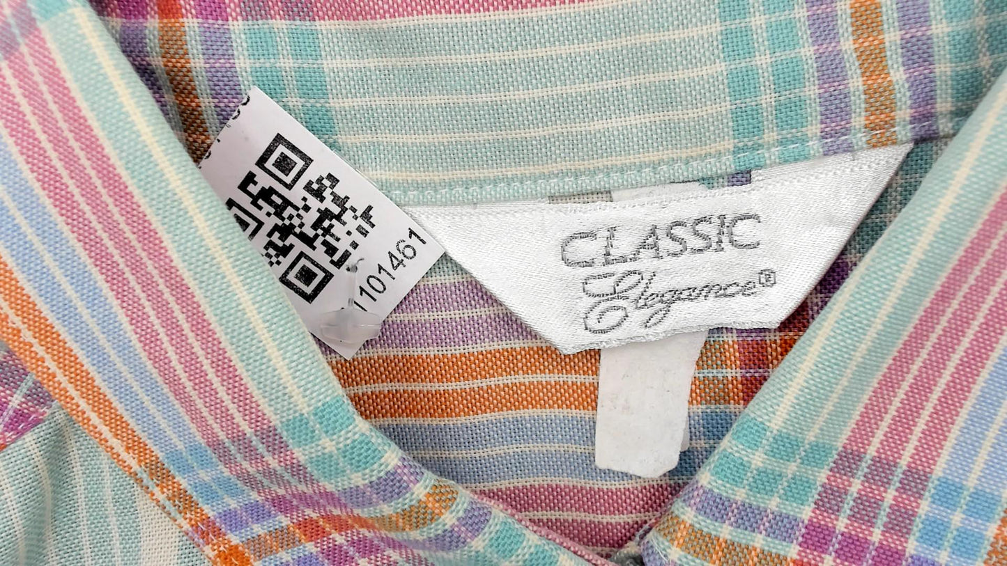90s Pastel Plaid Button-Down Shirt Long Sleeve Collared Medium M