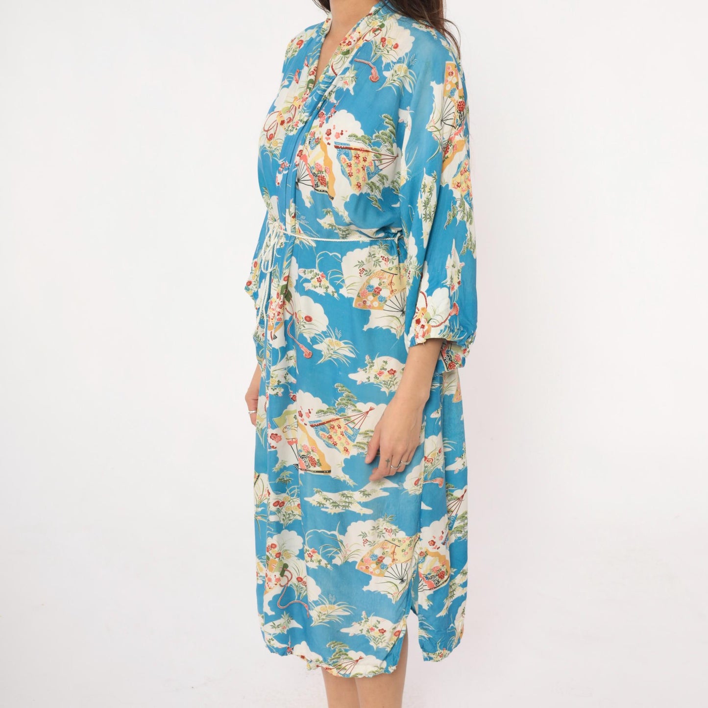 80s Japanese Fan Kimono Robe Blue Floral Maxi Cotton Wrap Large L