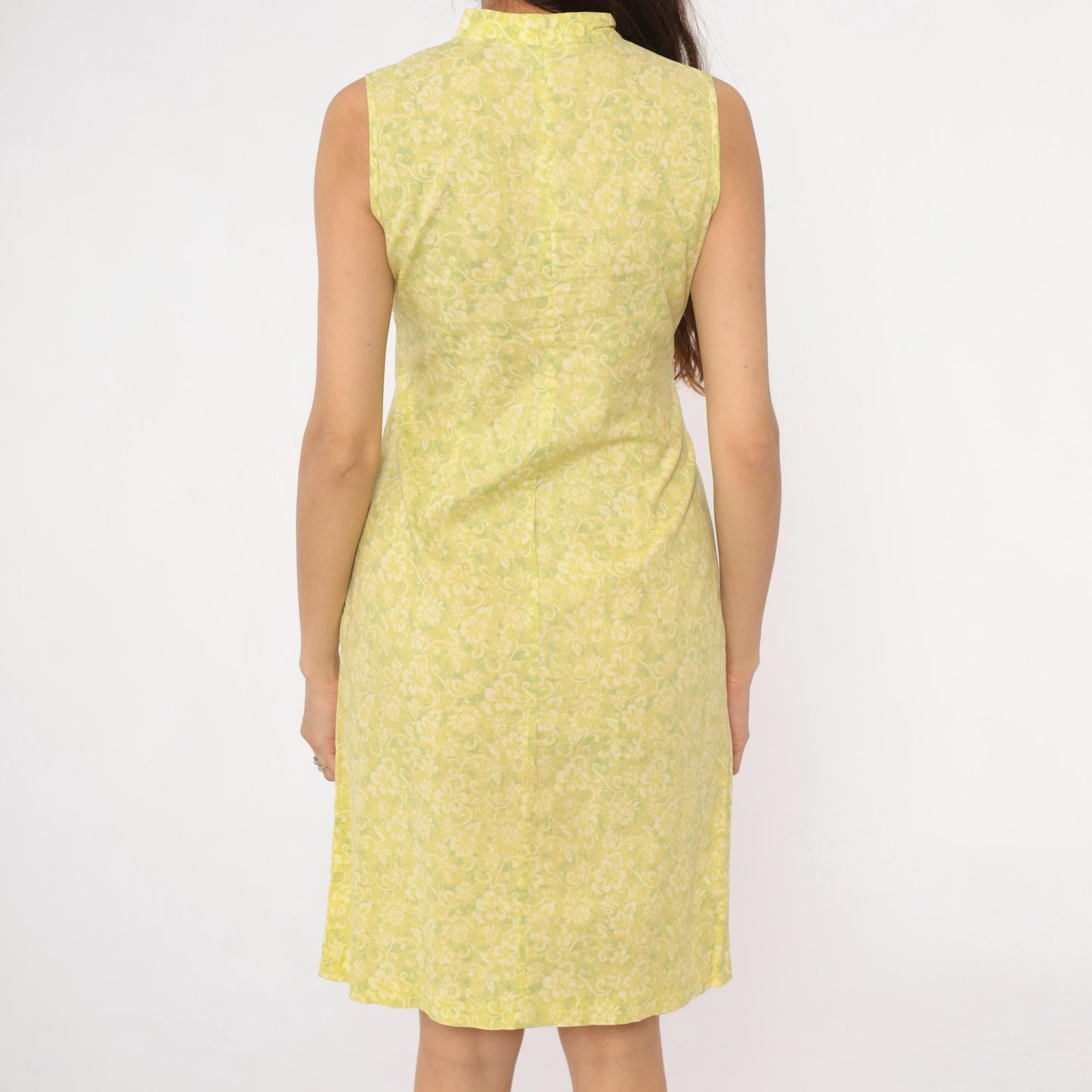 Y2K Yellow Floral Damask Knee-Length Shift Dress Collared Small