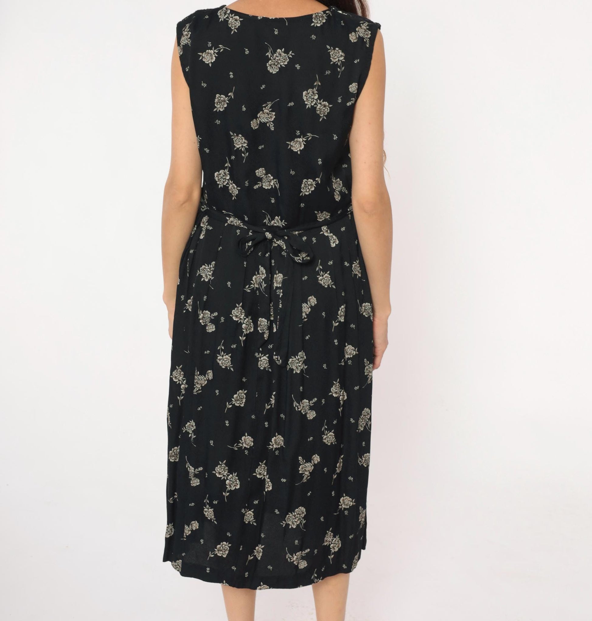 90s Molly Malloy Black Floral Midi Dress with Knit Vest Overlay Small