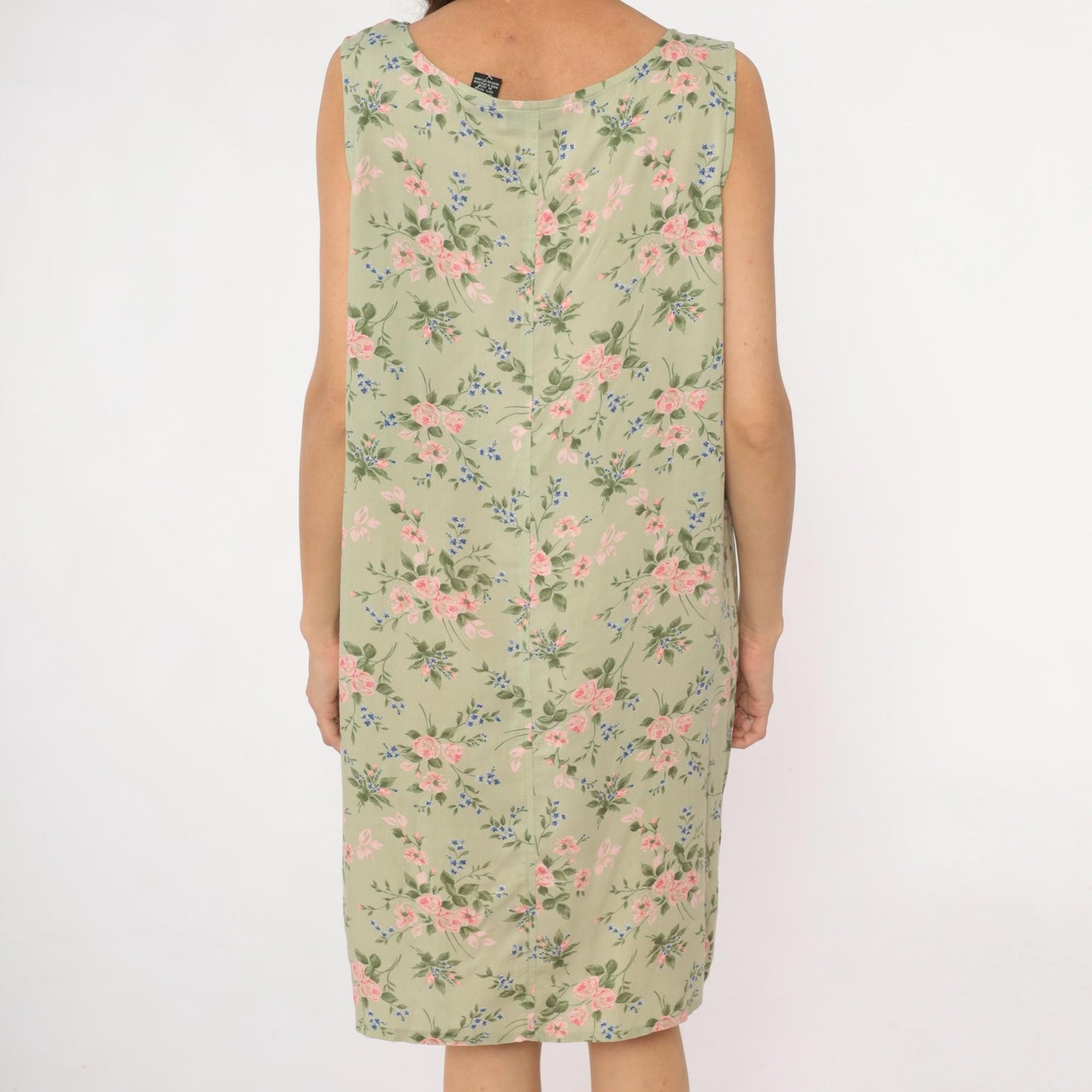 90s Lancaster Clothing Floral Shift Dress Sage Green Pink Roses Extra Large